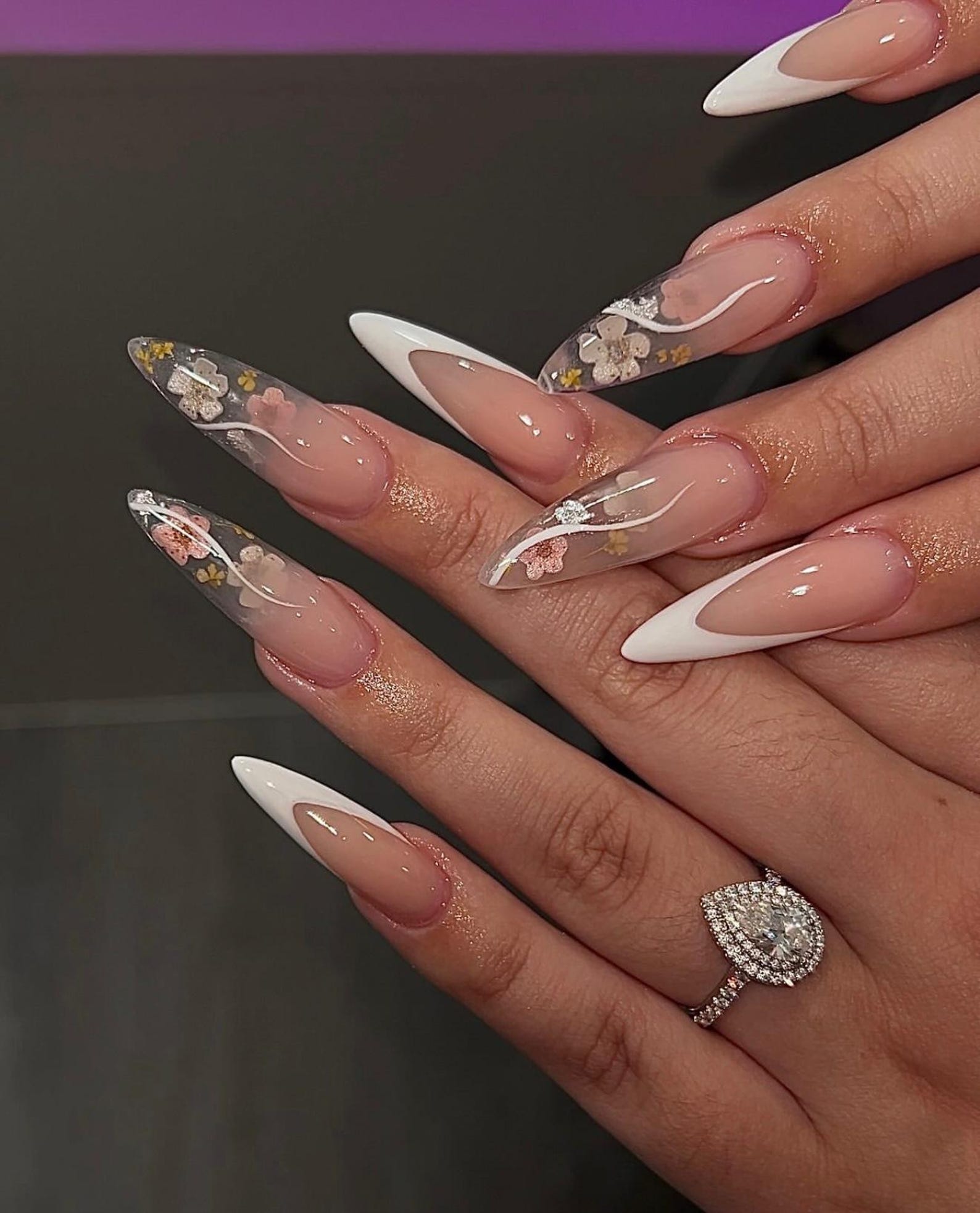 Floral French Tip Long Almond Elegant Press On Nails
