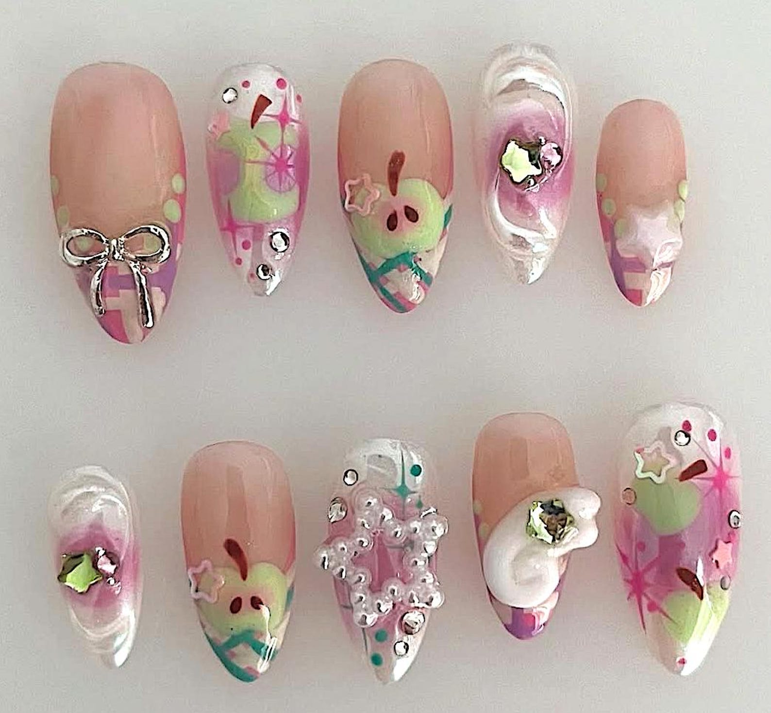 Cute Fruit Charm Bow 3D Gel Press On Nails