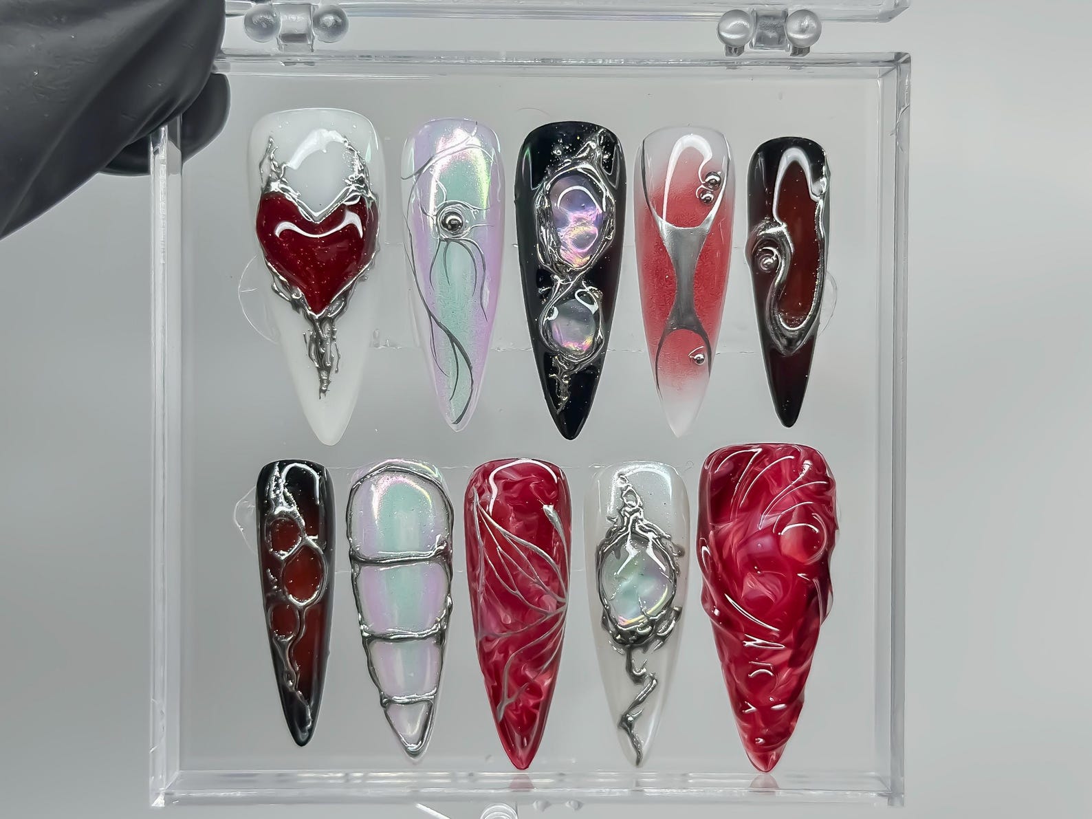 Dark Red Heart Chrome Gothic Stiletto Press On Nails