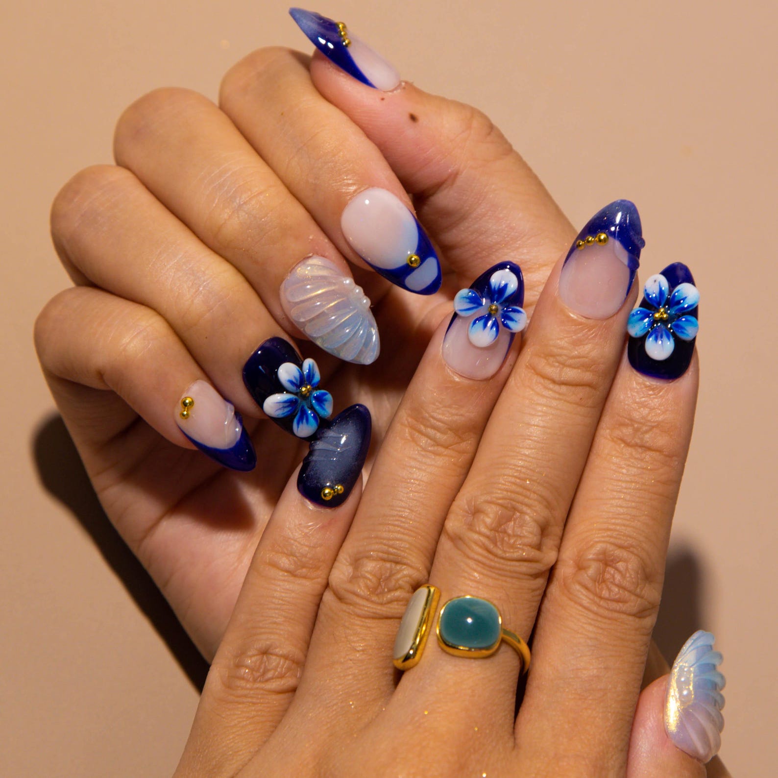 Blue French Tip Floral 3D Elegant Press On Nails