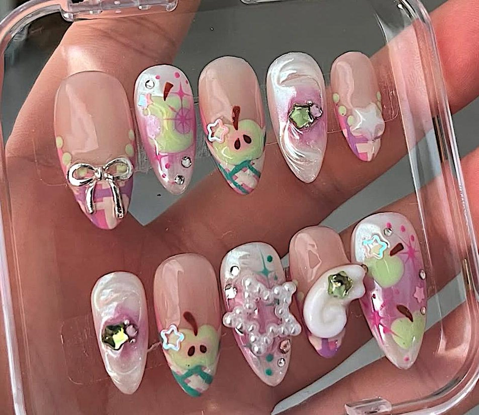 Cute Fruit Charm Bow 3D Gel Press On Nails