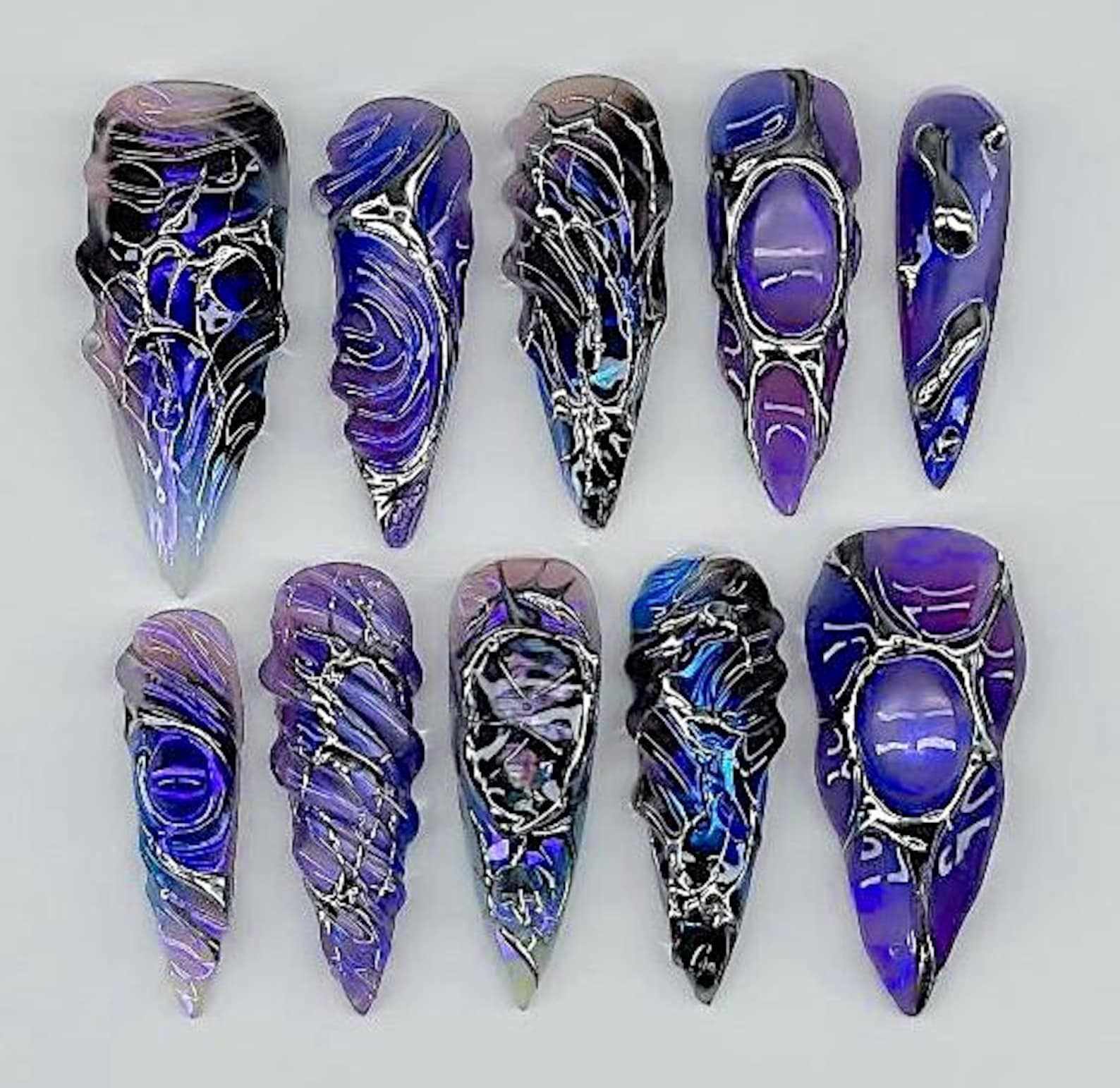 Midnight Galaxy Chrome Ombre Gemstone Press On Nails
