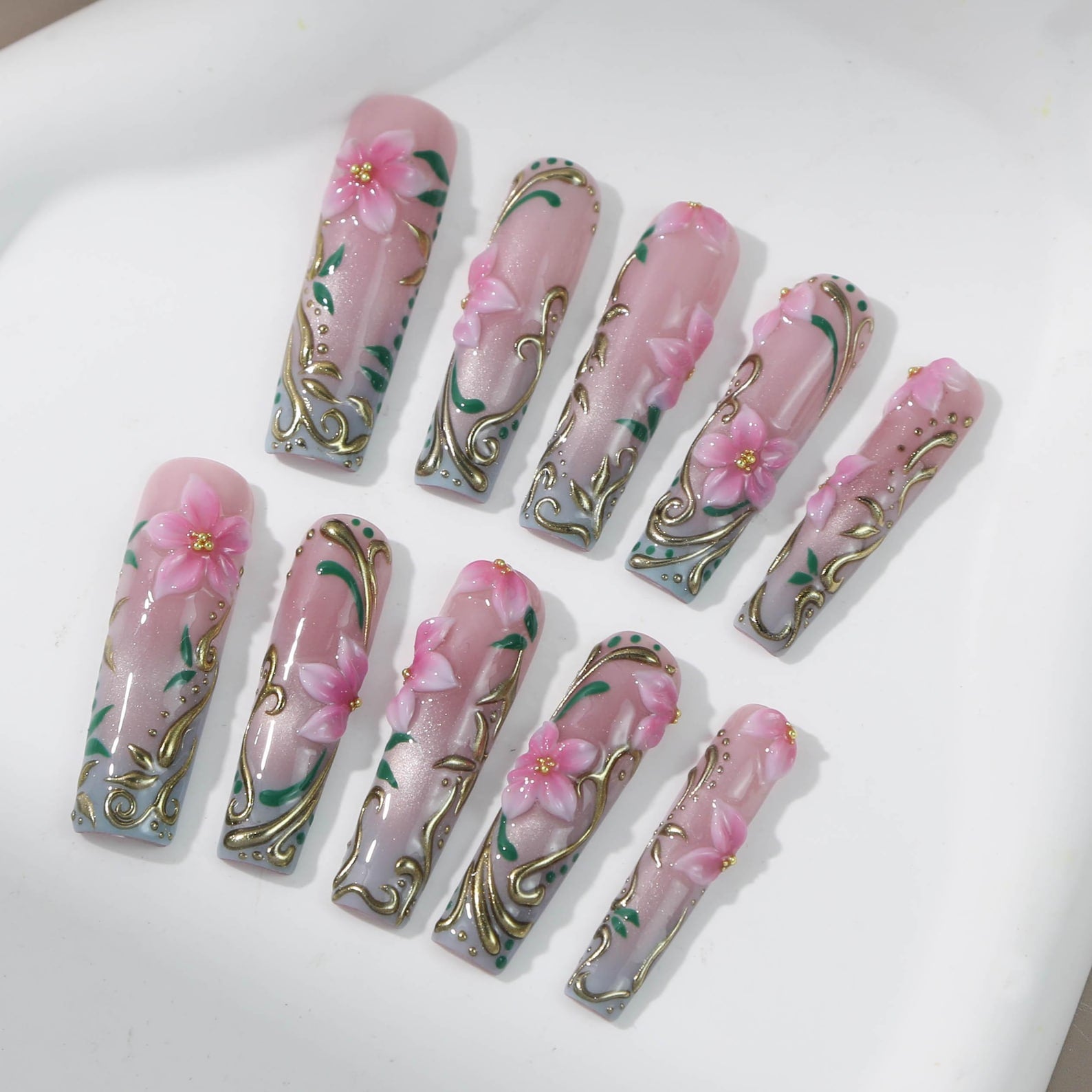 Pink Sculpted Floral Metal Accent XL Square Press On Nails