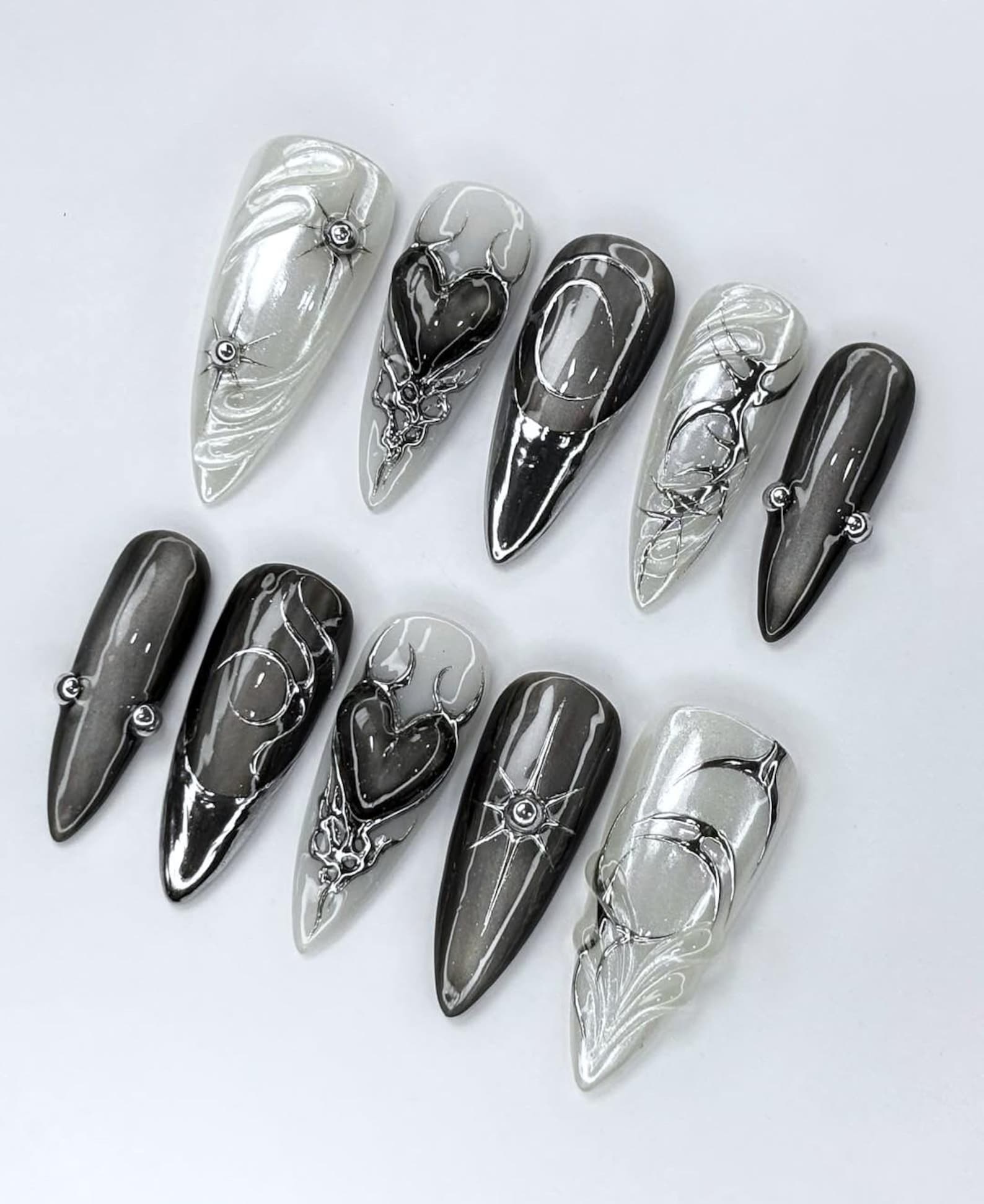 Gothic Black Chrome Heart Press On Nails