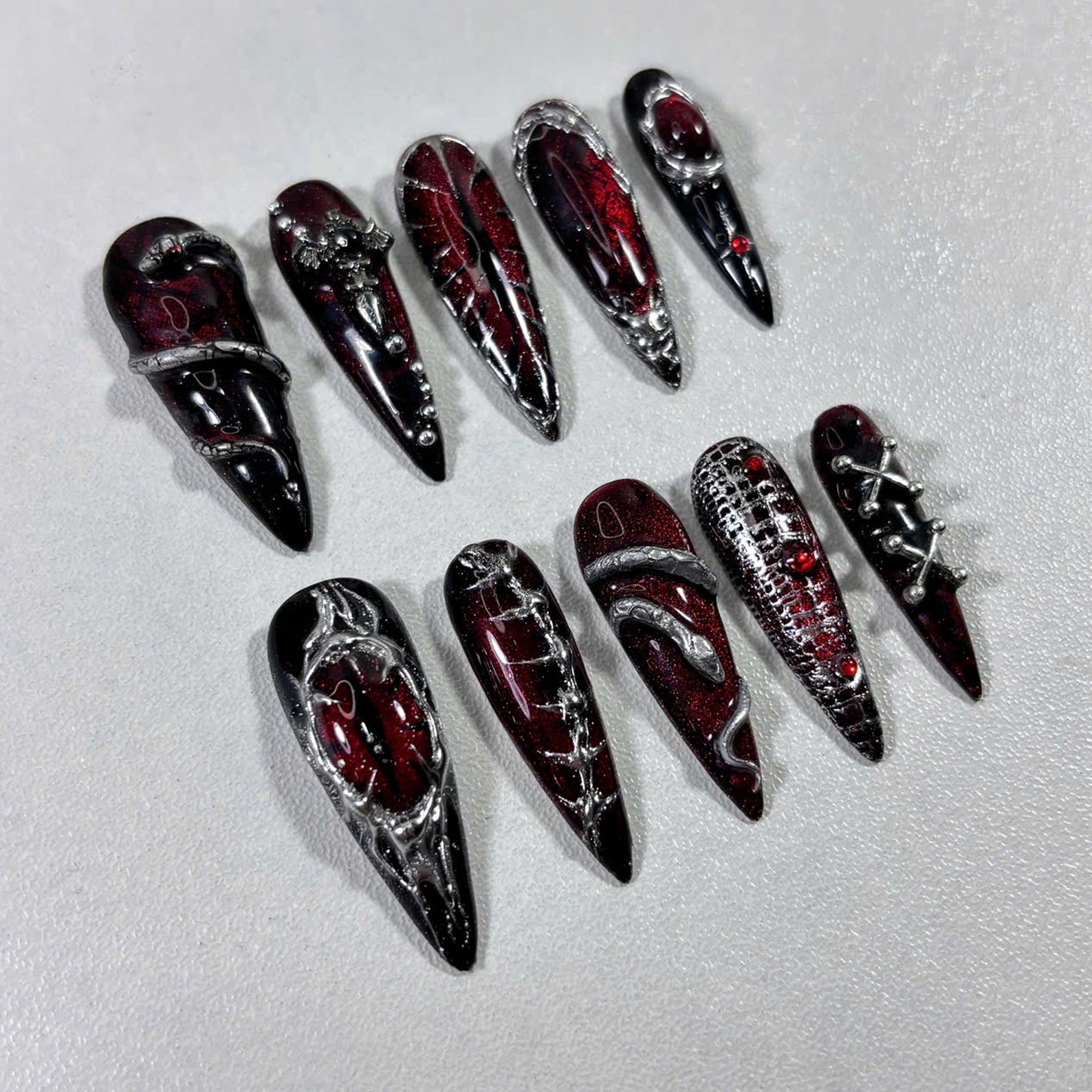 Red Black Gothic Cross Chain 3D Stiletto Press On Nails