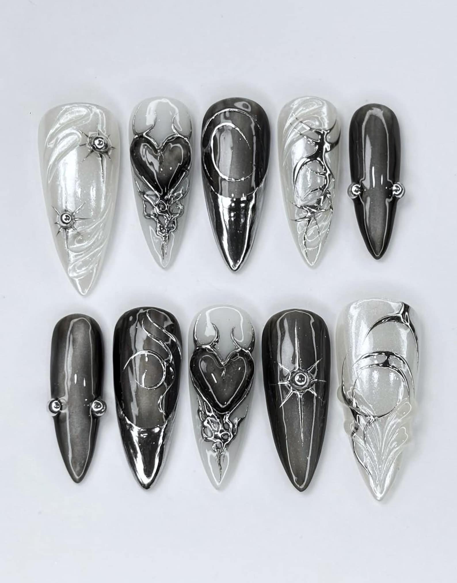 Gothic Black Chrome Heart Press On Nails