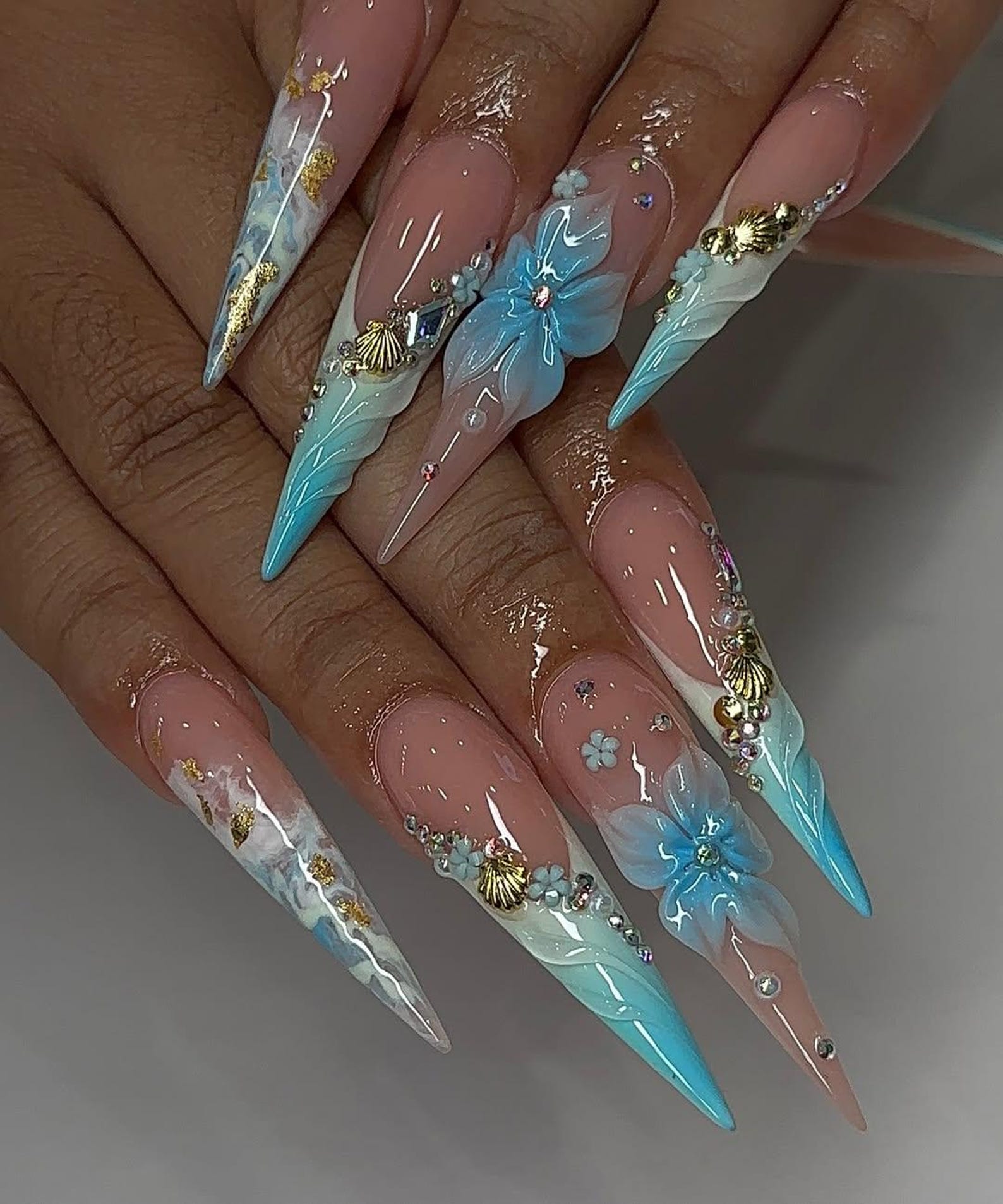 Ocean Aqua Ombre Shell Floral Fantasy Stiletto Press On Nails