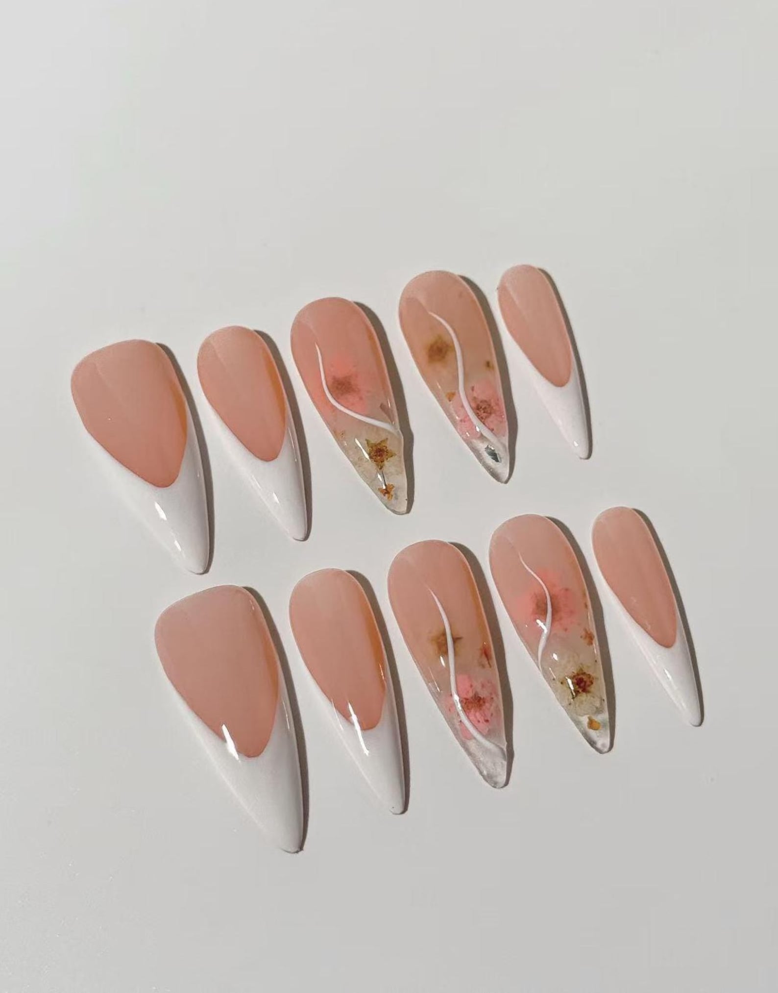 Floral French Tip Long Almond Elegant Press On Nails
