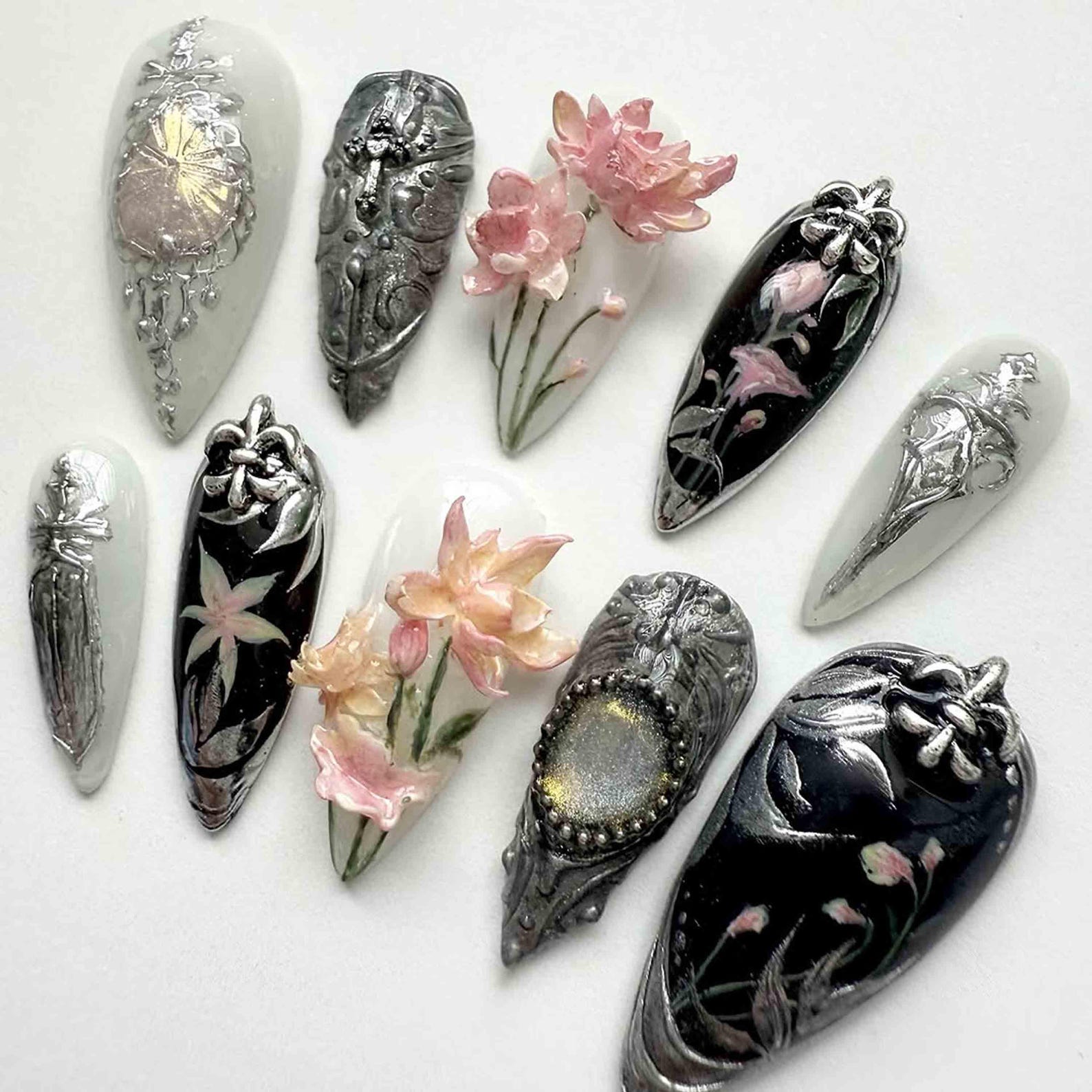 Dark Romantic Floral Embossed Press On Nails