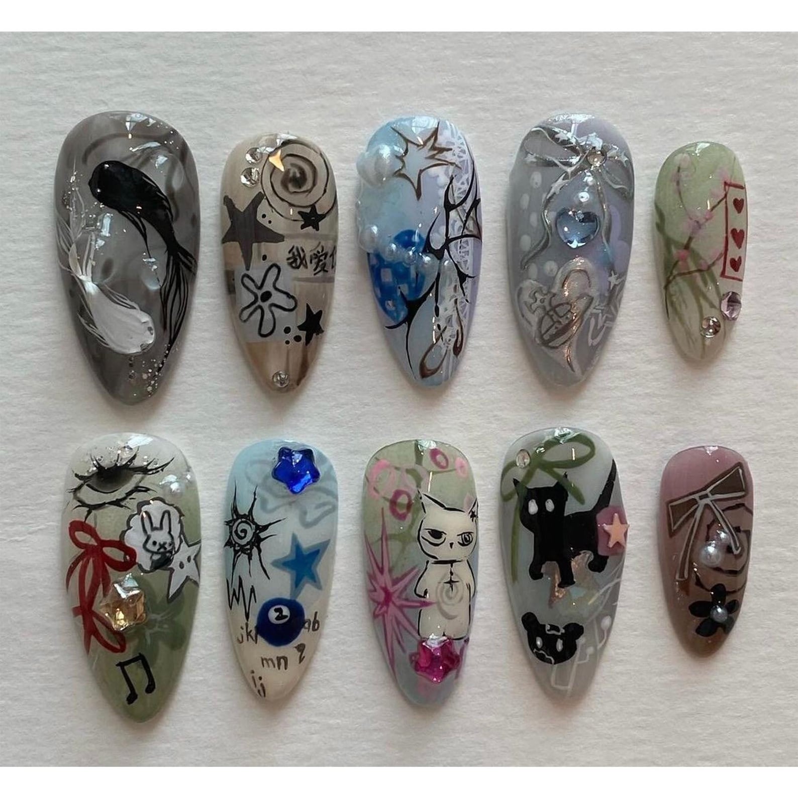 Whimsical Doodle Bunny Cat Art Almond Press On Nails