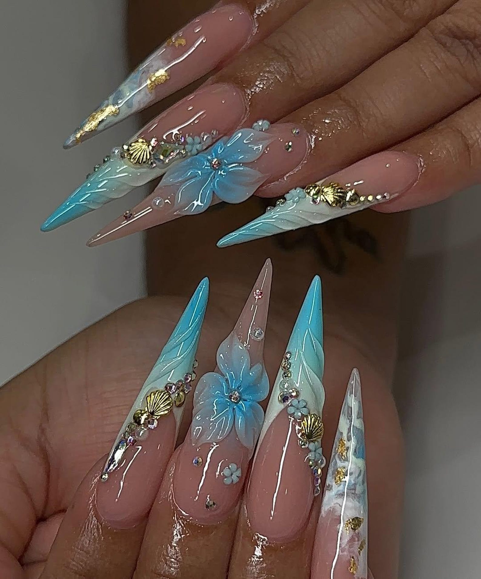 Ocean Aqua Ombre Shell Floral Fantasy Stiletto Press On Nails