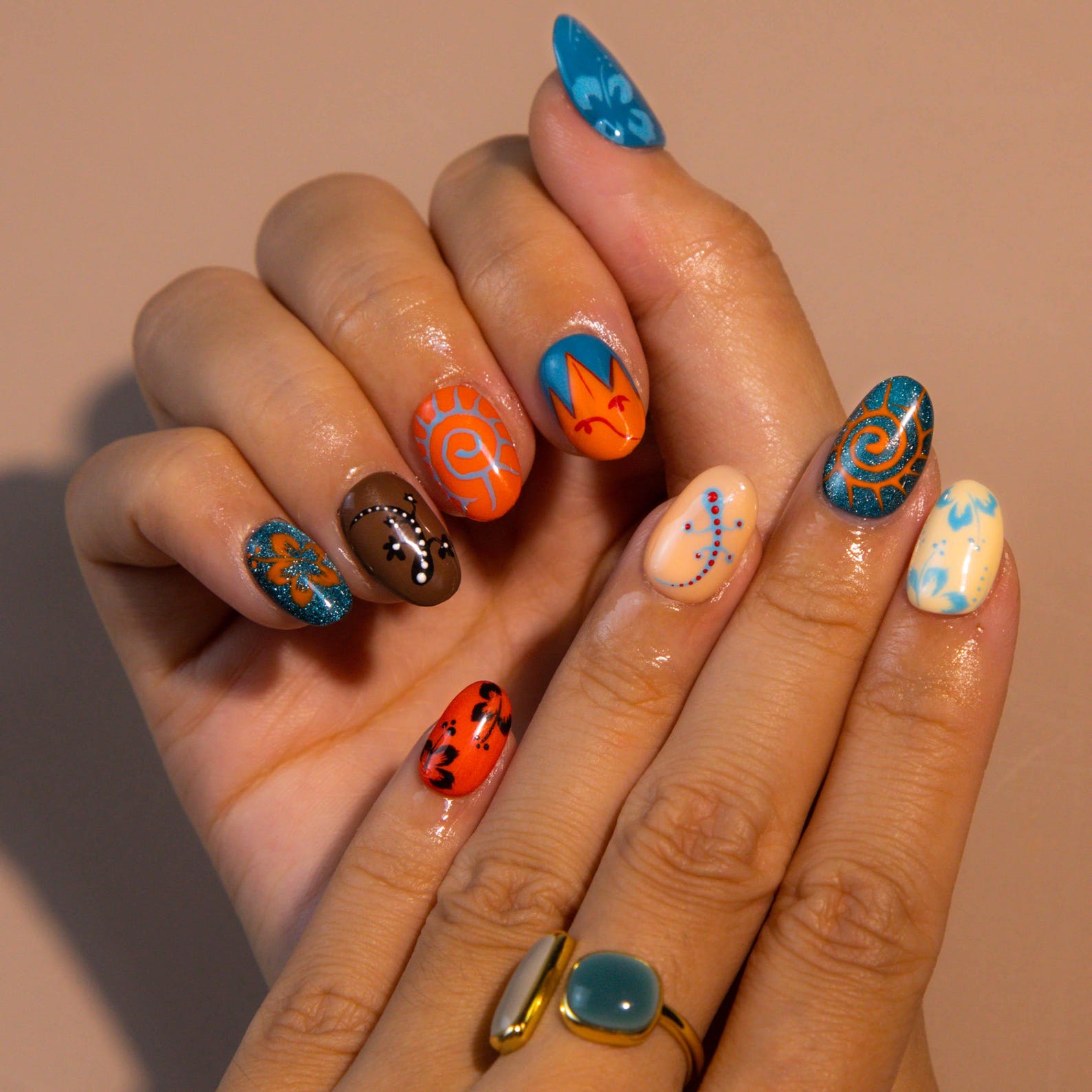 Boho Moon Floral Swirl Artistic Press On Nails