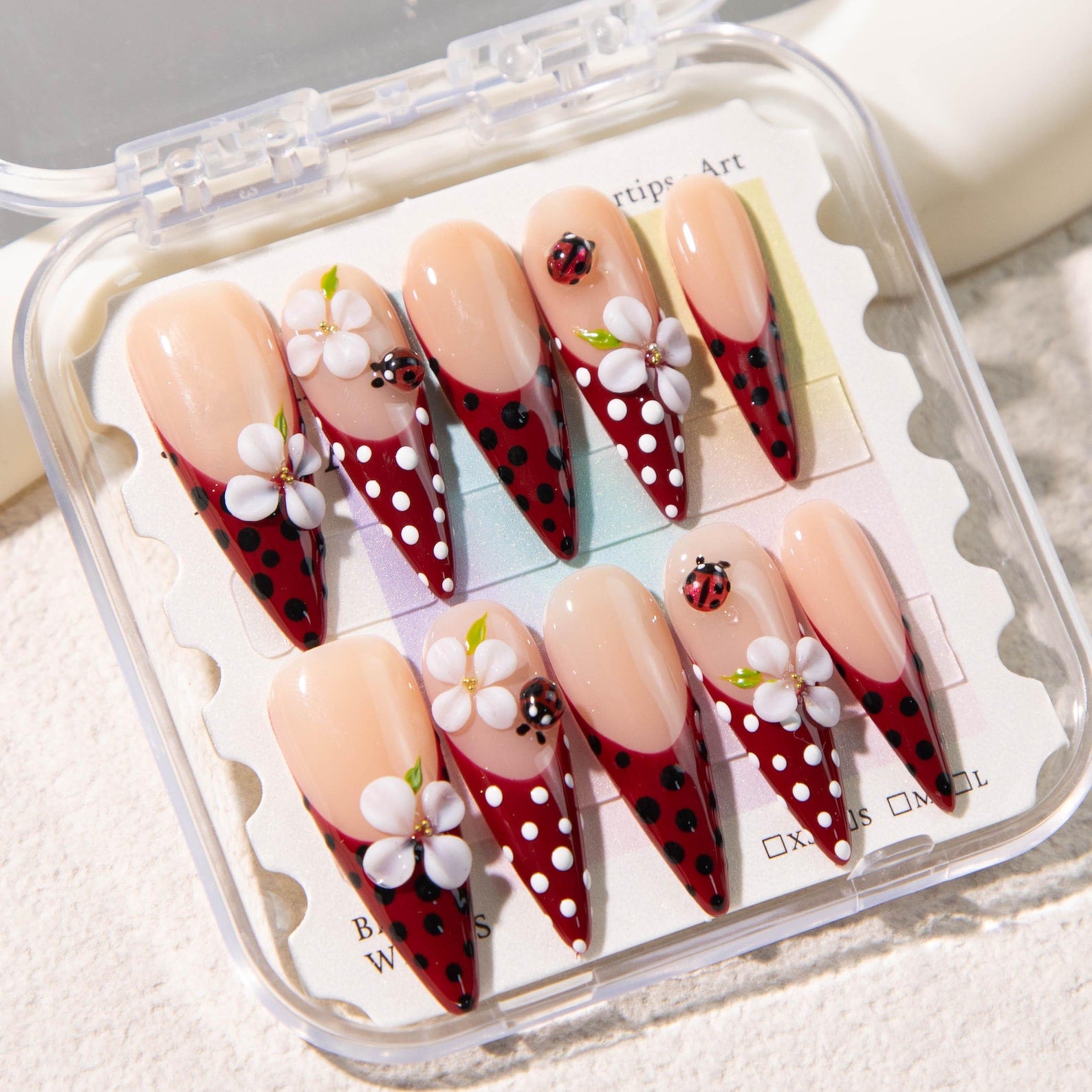 Red French Tip Ladybug Floral 3D Almond Press On Nails