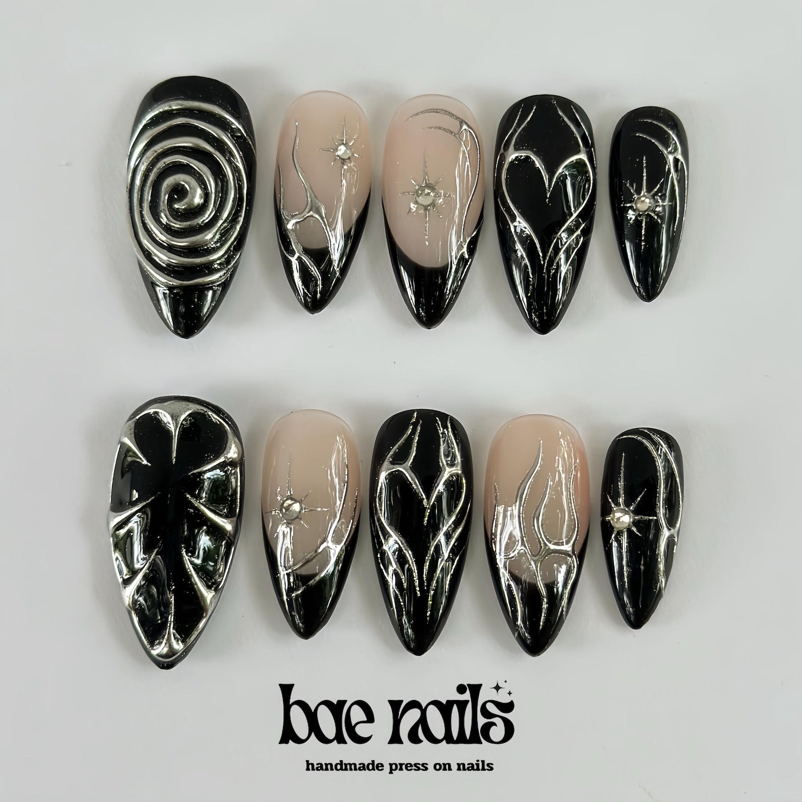 Black French Tip Chrome Metallic Almond Press On Nails