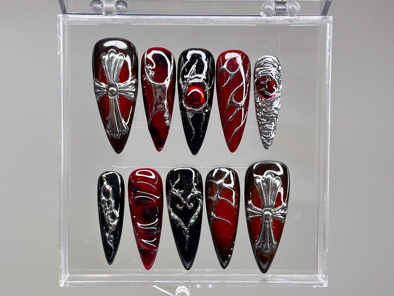 Red Black Ombre Web Chain 3D Gothic Stiletto Press On Nails