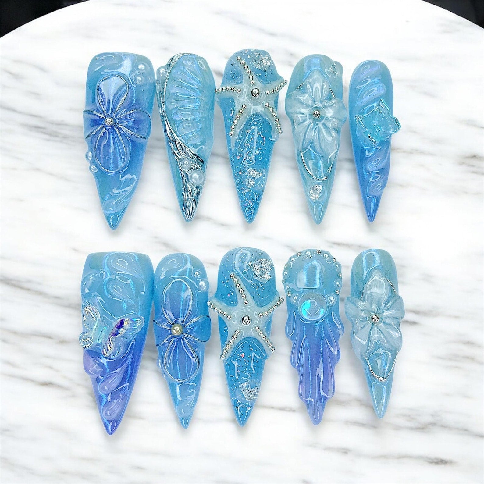 Ocean Blue Starfish Shell 3D Beach Press On Nails
