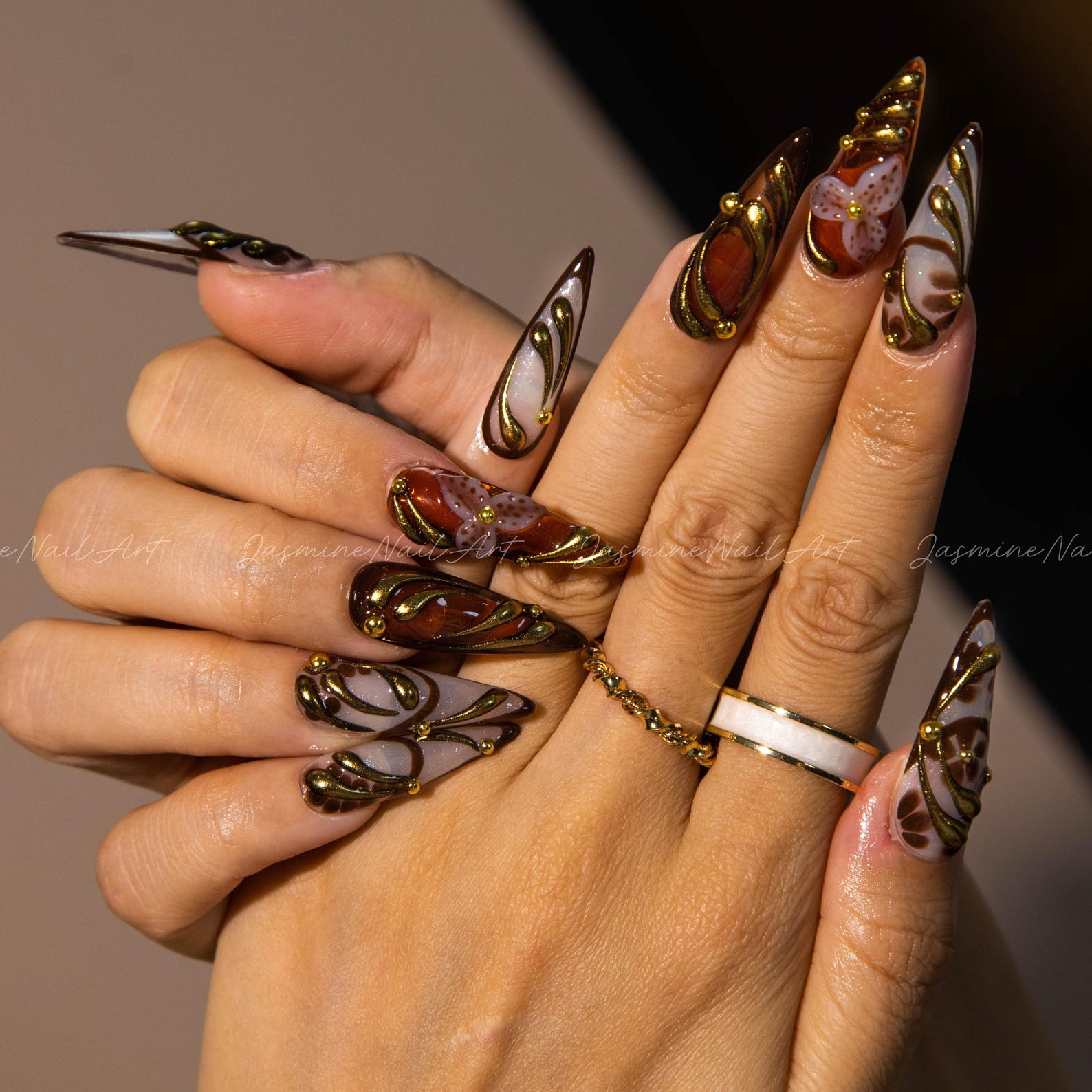 Dark Orchid Gold Sculpted Floral Stiletto Press On Nails