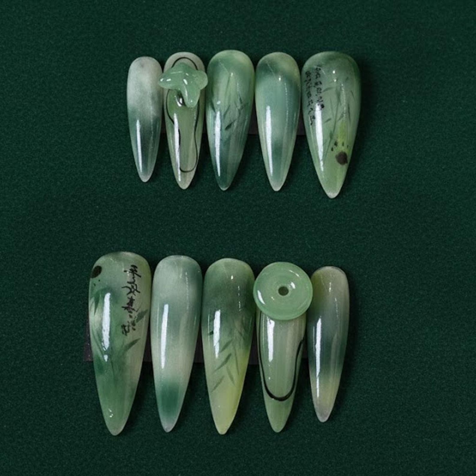 Jade Green Bamboo Calligraphy Press On Nails