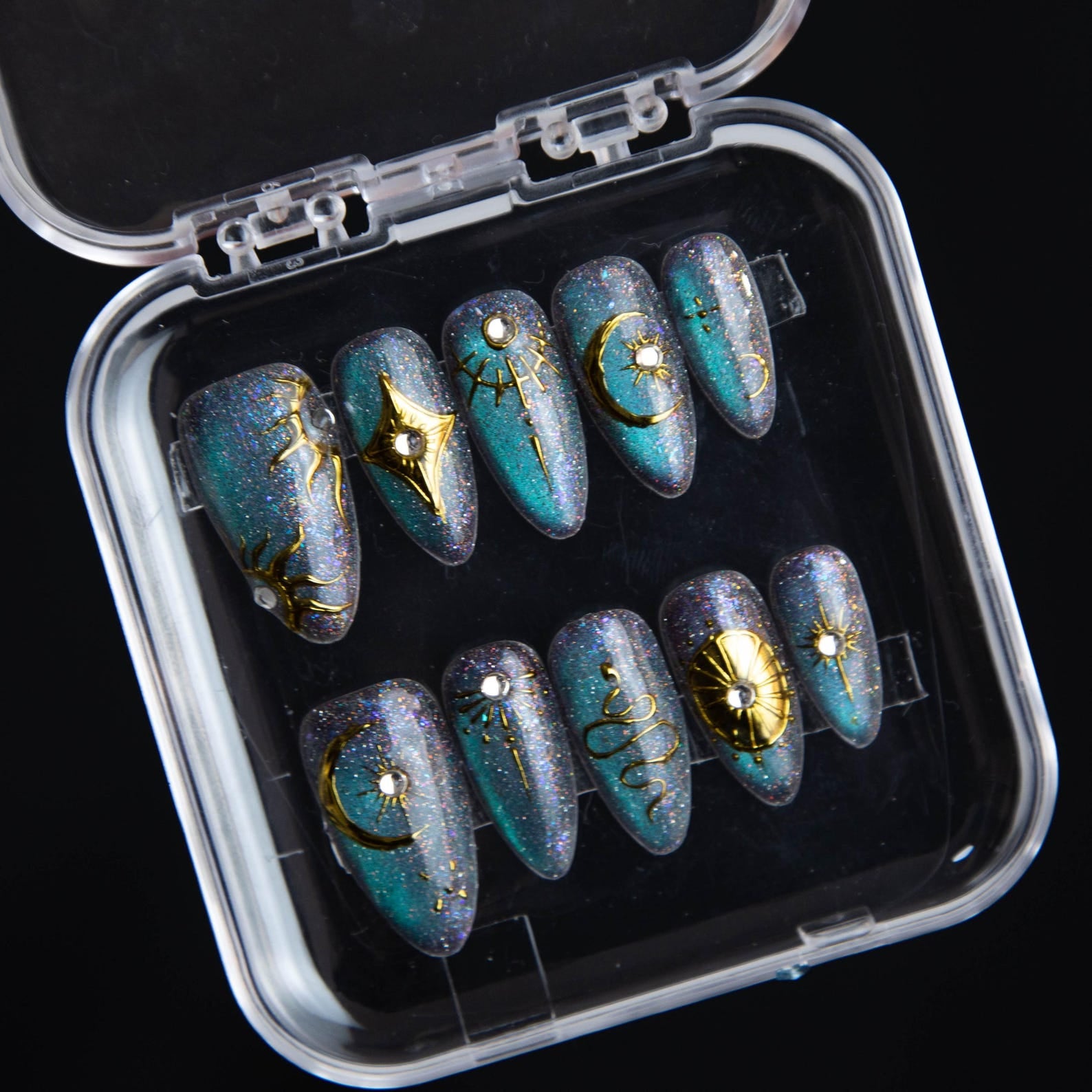 Purple Cat Eye Gold Celestial Charm Press On Nails