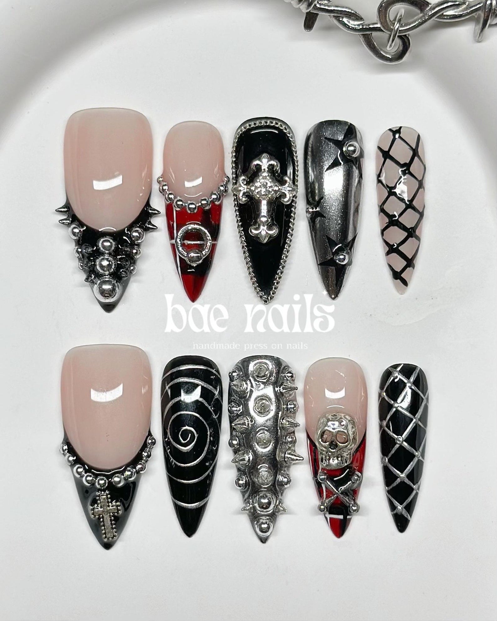 Red Black Gothic Punk Cross Skull 3D Stiletto Press On Nails