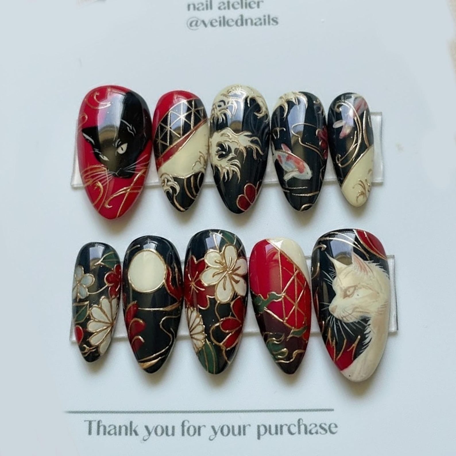 Oriental Dragon White Cat Moon Red Floral Coffin Press On Nails
