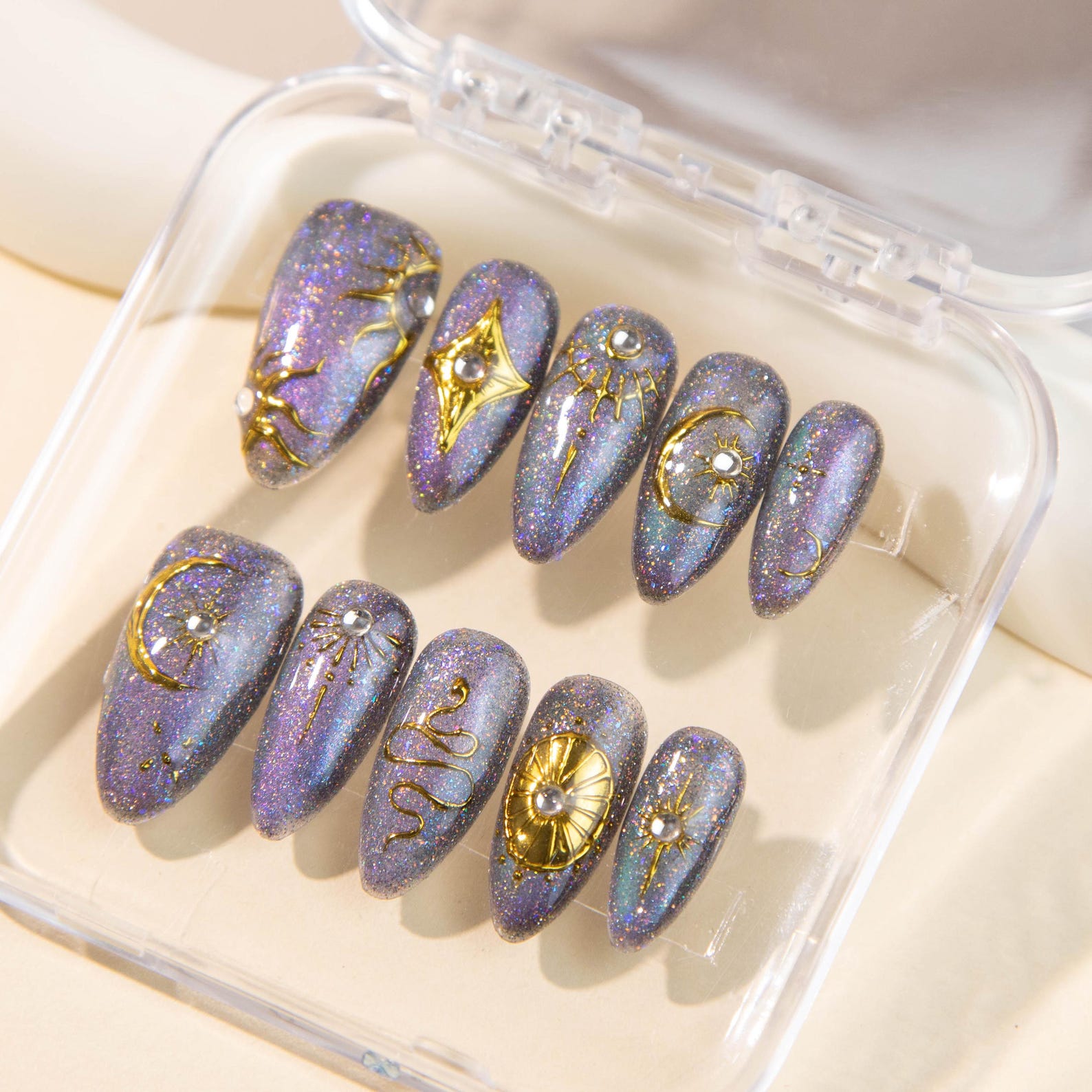 Purple Cat Eye Gold Celestial Charm Press On Nails