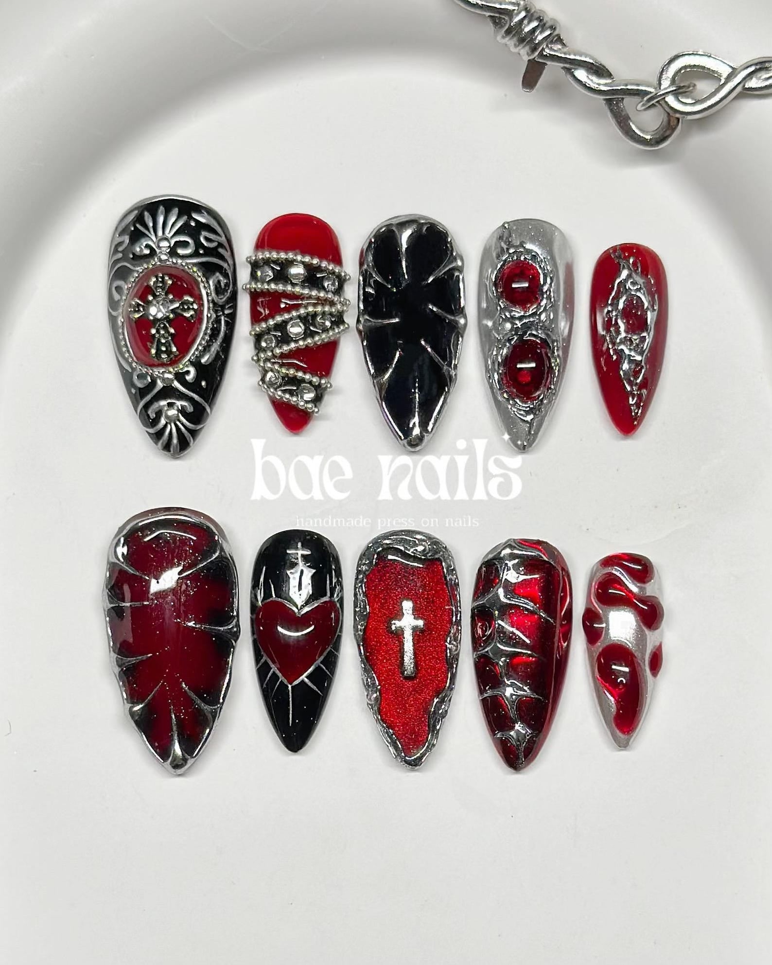 Black Red Flame Ombre Gothic Edge Press On Nails
