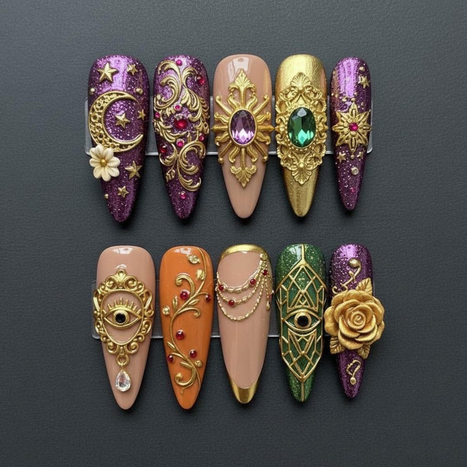 Royal Purple Celestial Floral Gem Press On Nails