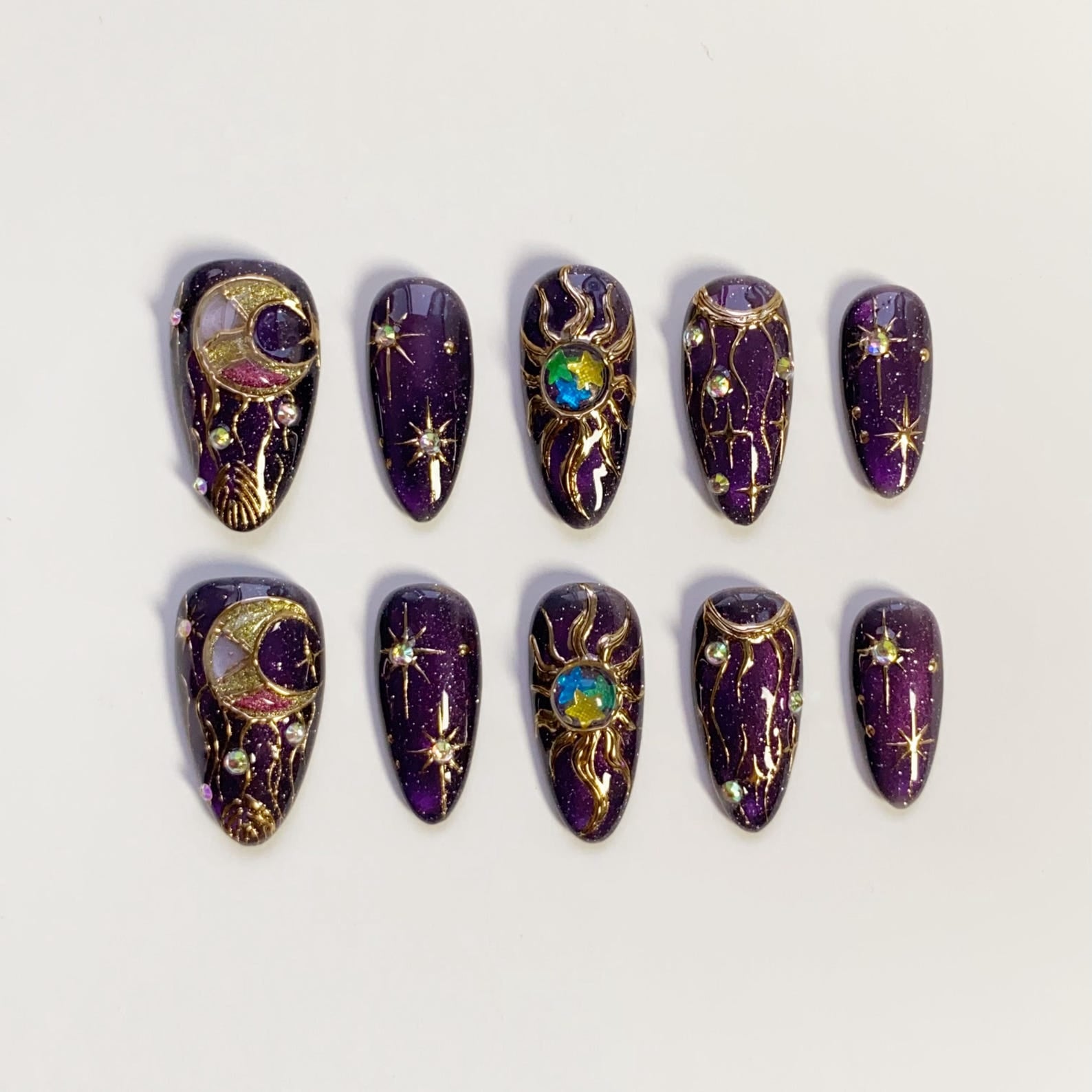 Gothic Purple Aura Star Moon Almond Press On Nails
