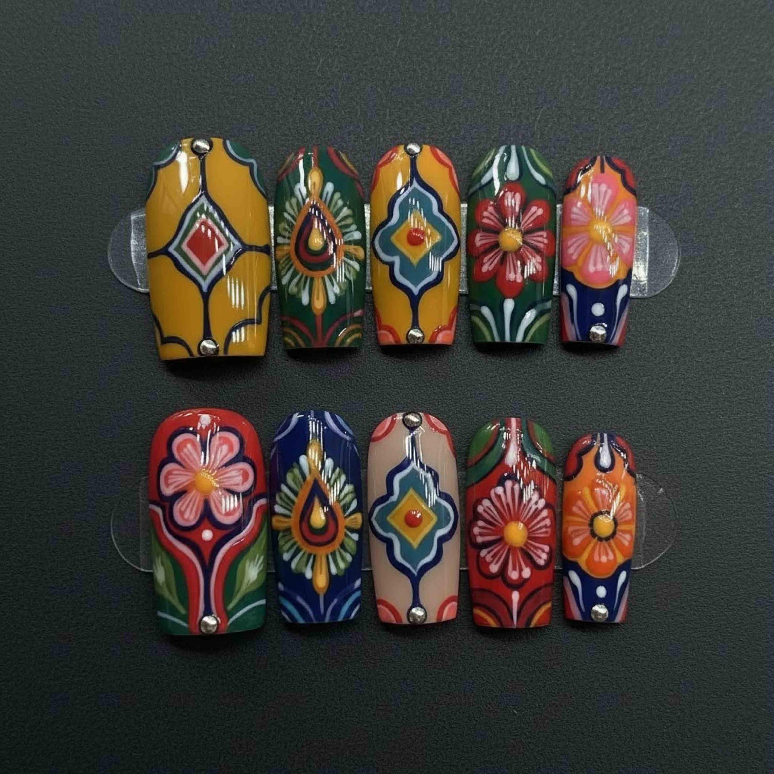 Boho Tribal Floral Artistic Press On Nails