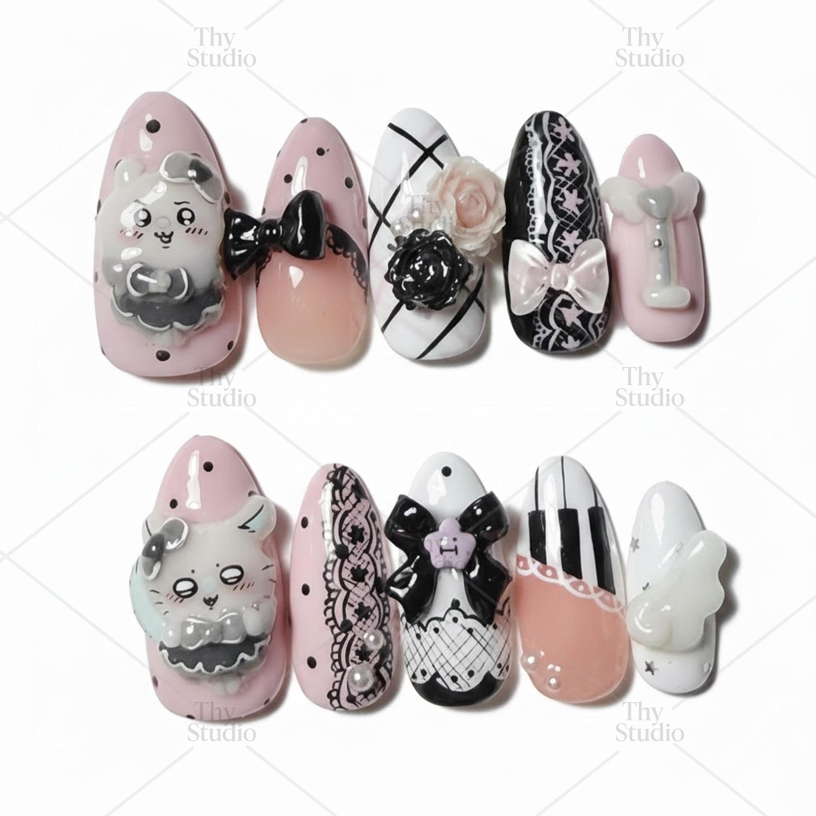 Pink Lace Bunny Charm Coquette Press On Nails
