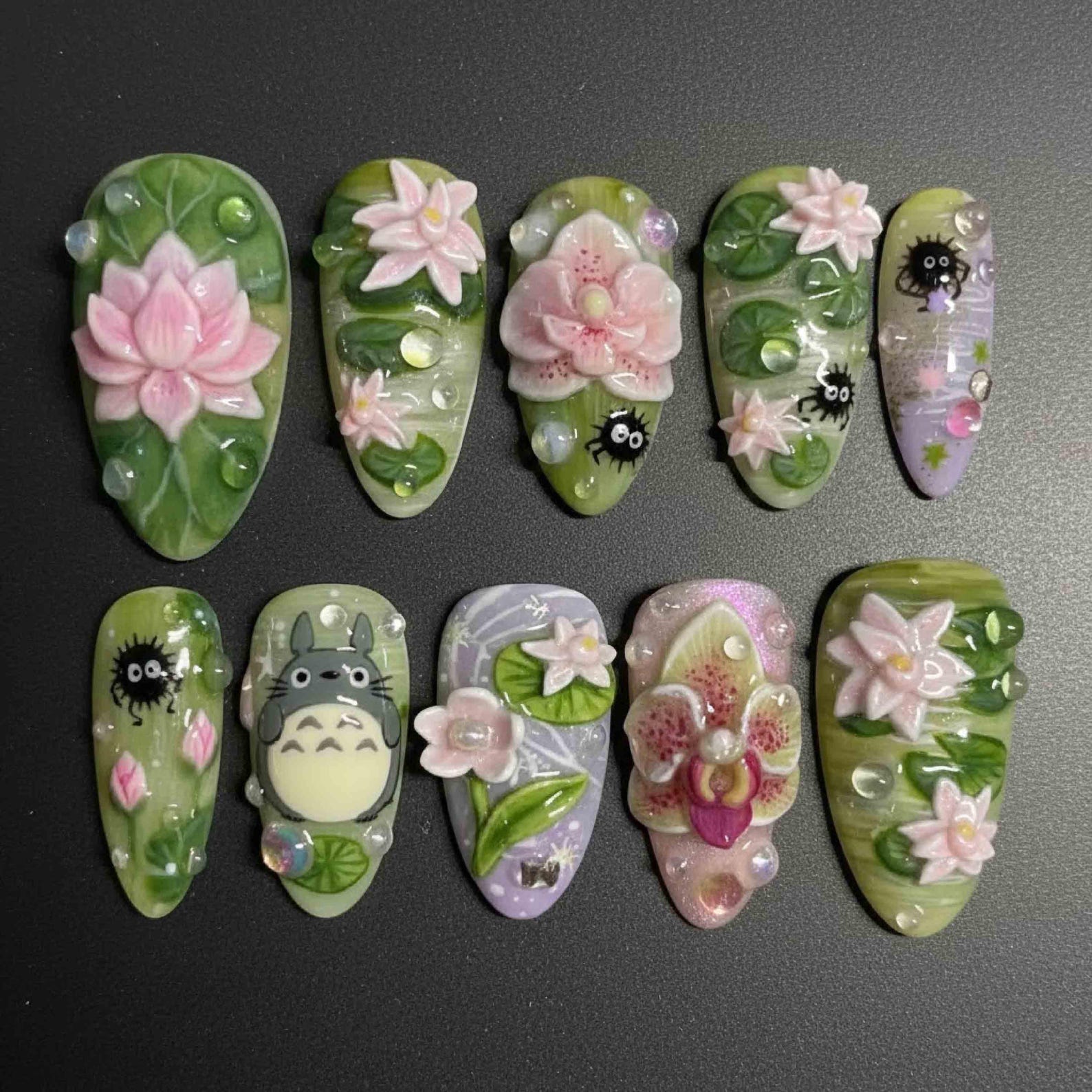 Whimsical Lotus Bloom Water Drop Press On Nails