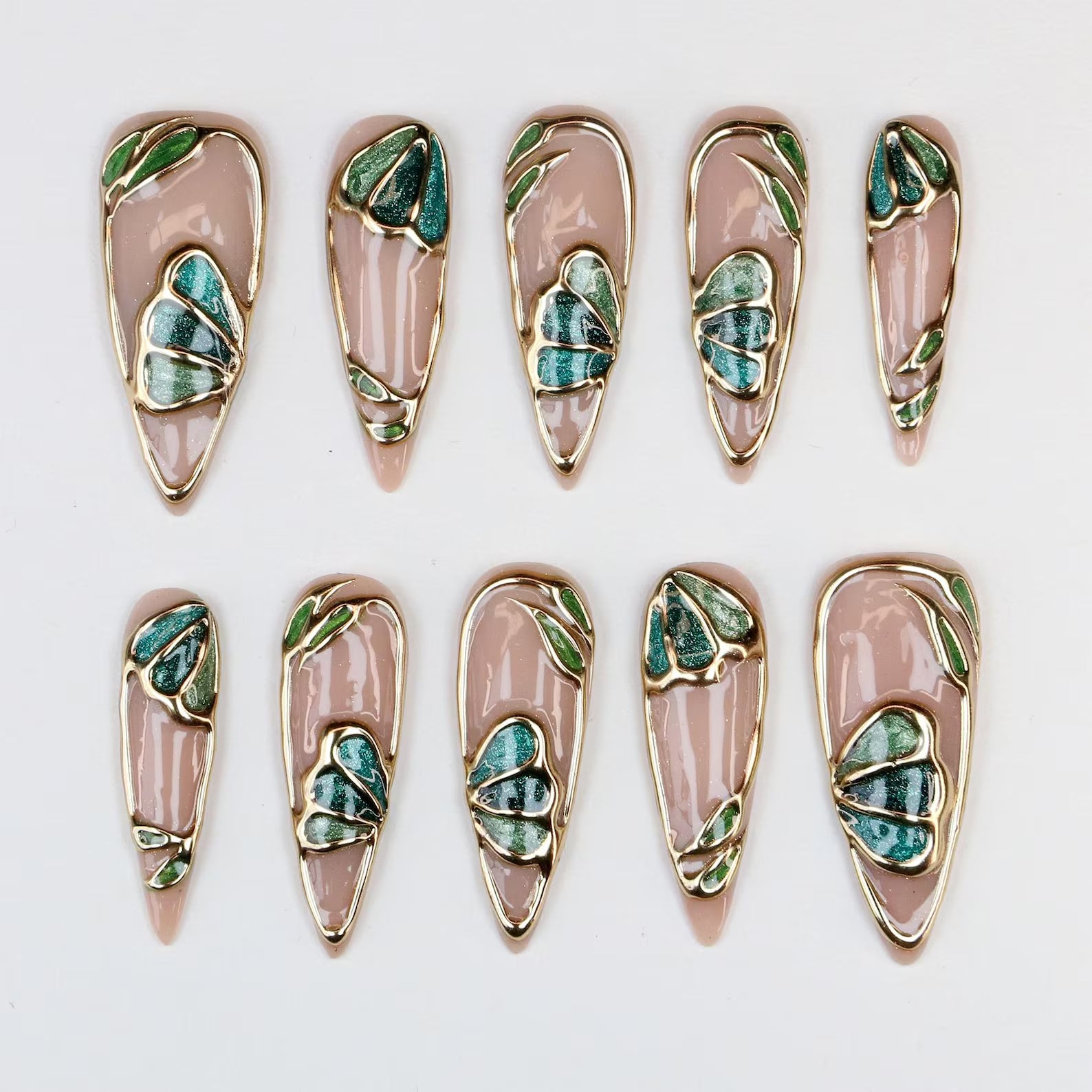 Stained Glass Butterfly Gold Leaf Luxe Stiletto Press On Nails