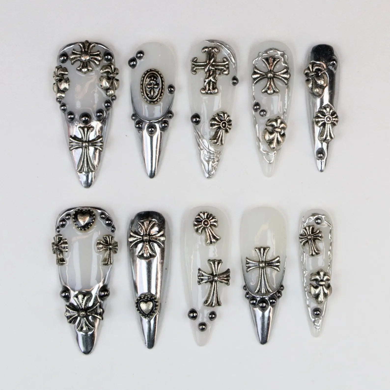 Gothic Chrome Heart Cross Metallic Edgy Stiletto Press On Nails
