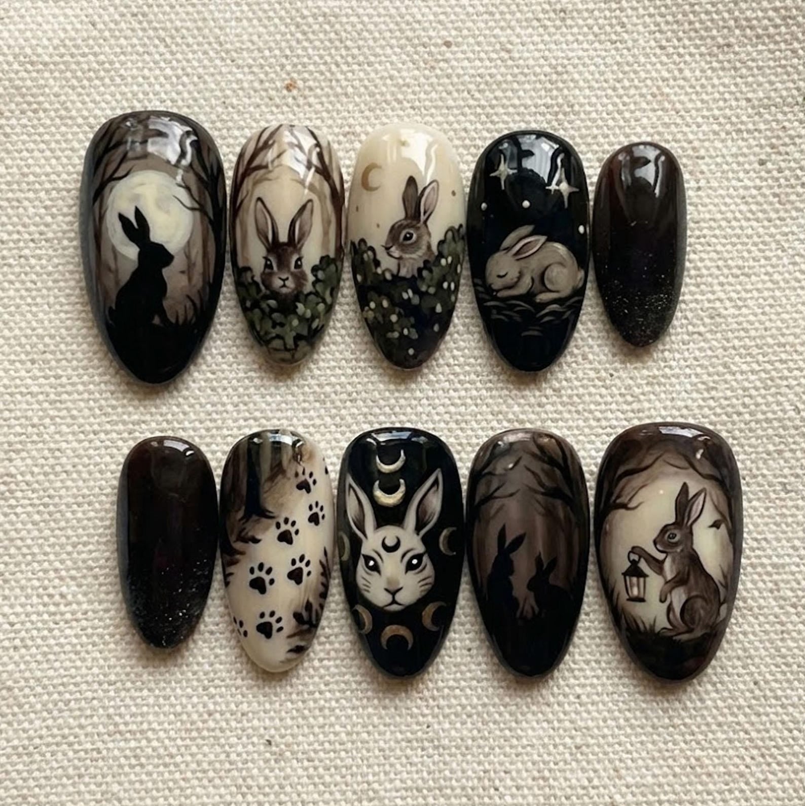 Gothic Bunny Moon Stars Dark Forest Hand Painted Press On Nails