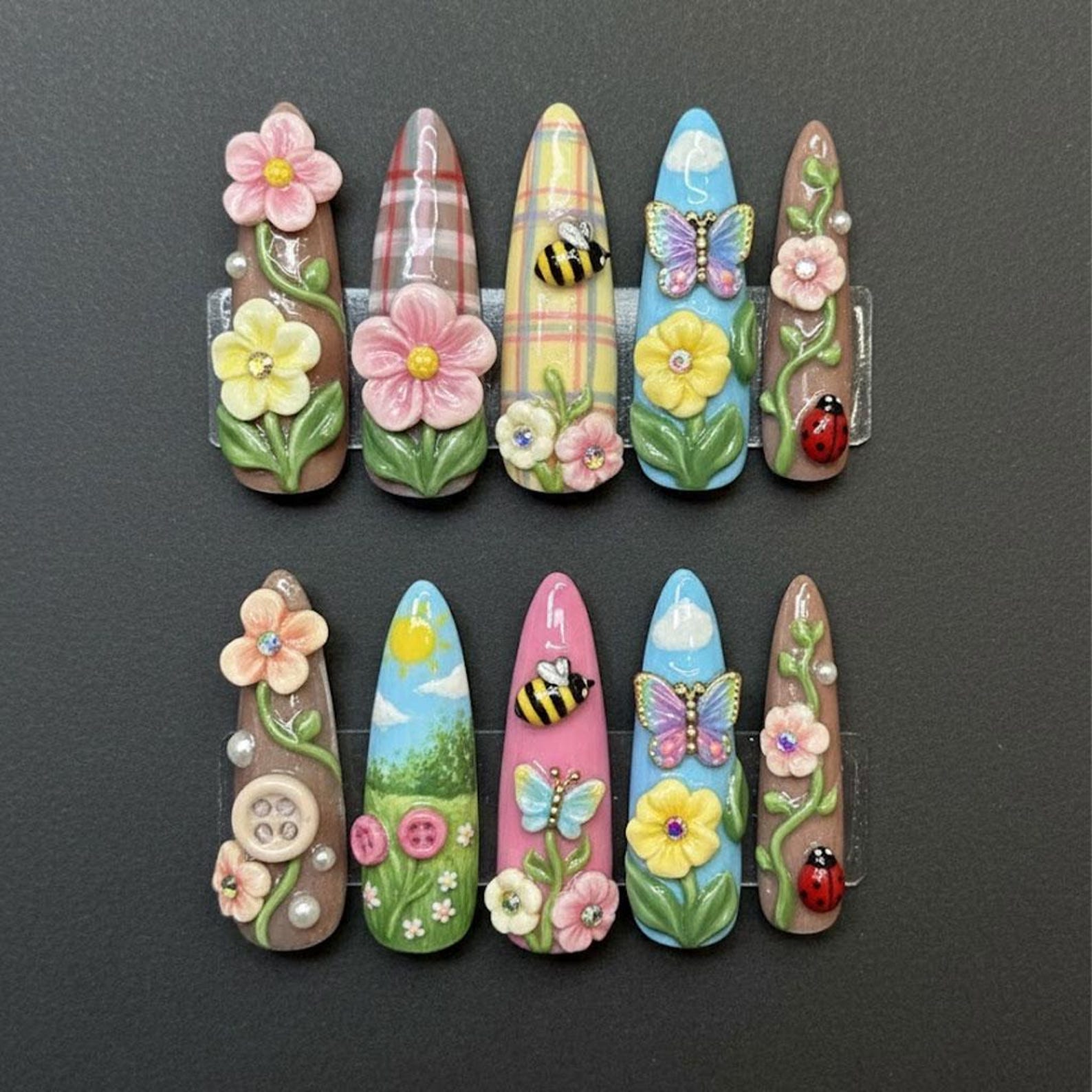Spring Garden Floral Butterfly Bee Press On Nails