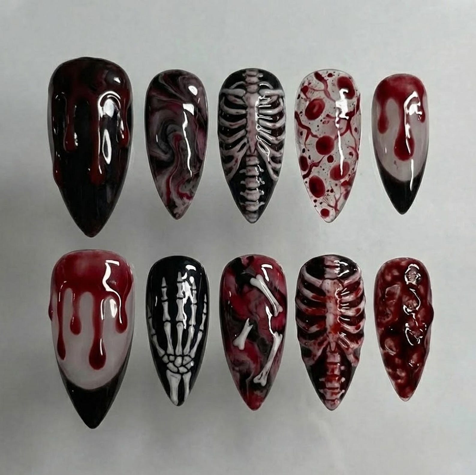 Dark Horror Bloody Cuts Black Mist Glossy Stiletto Press On Nails