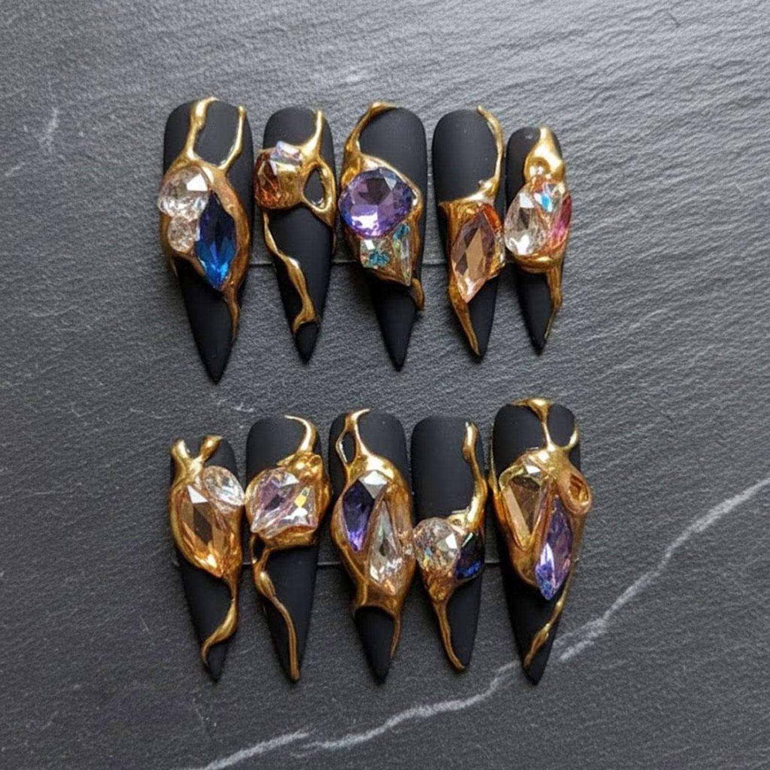 Black Gold Crystal Glam Press On Nails
