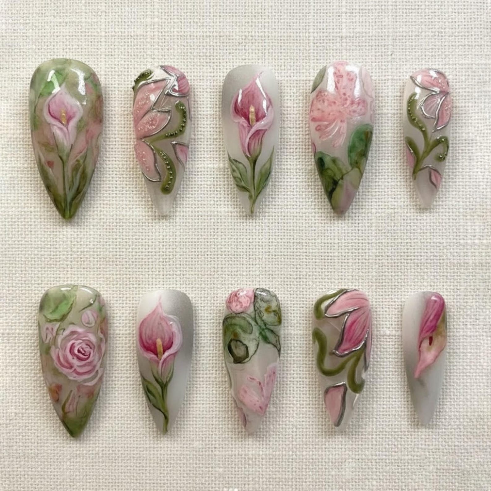 Soft Pink Lily Rose Hand Painted Floral Botanical Press On Nails