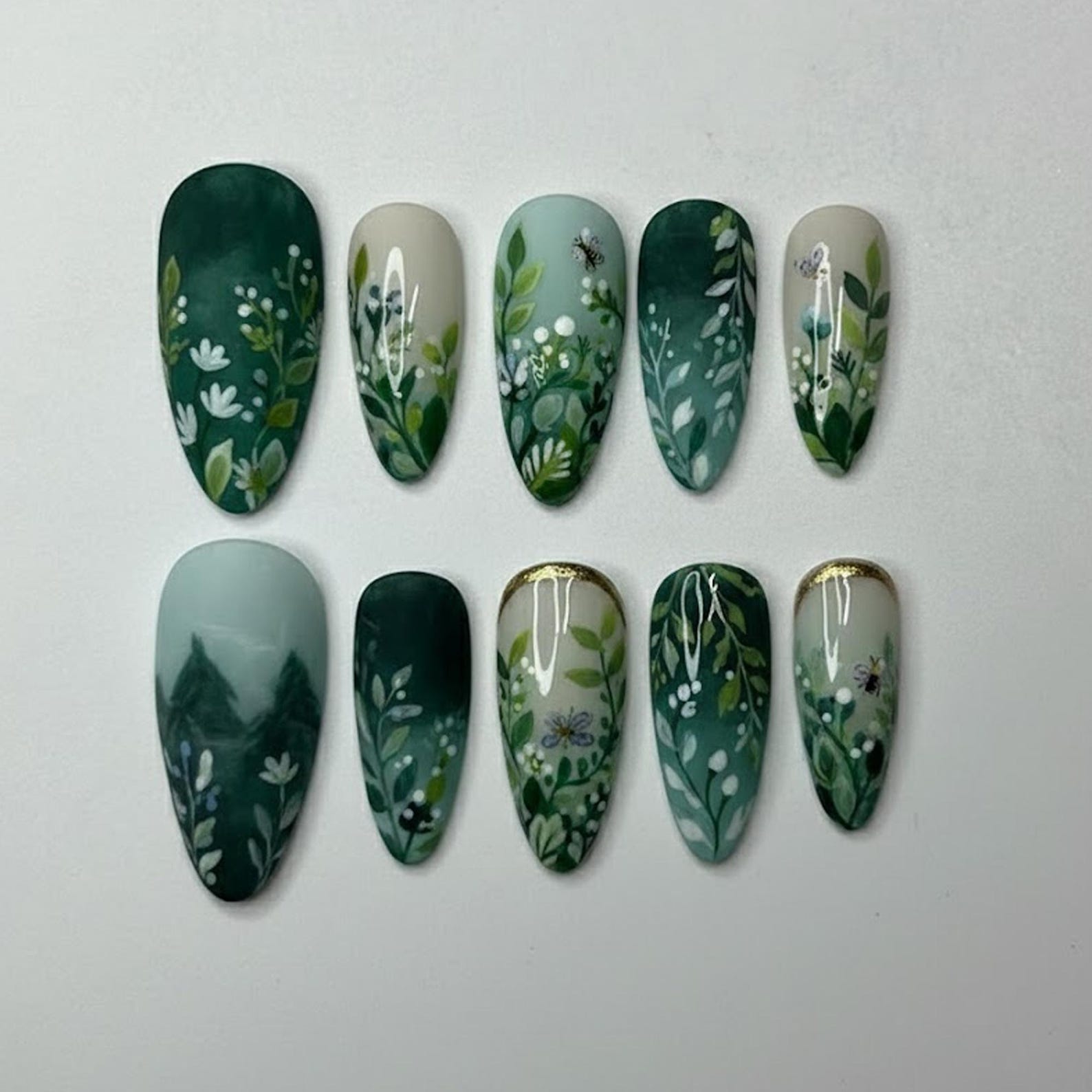 Deep Forest Moss Ombre Botanical Floral Press On Nails