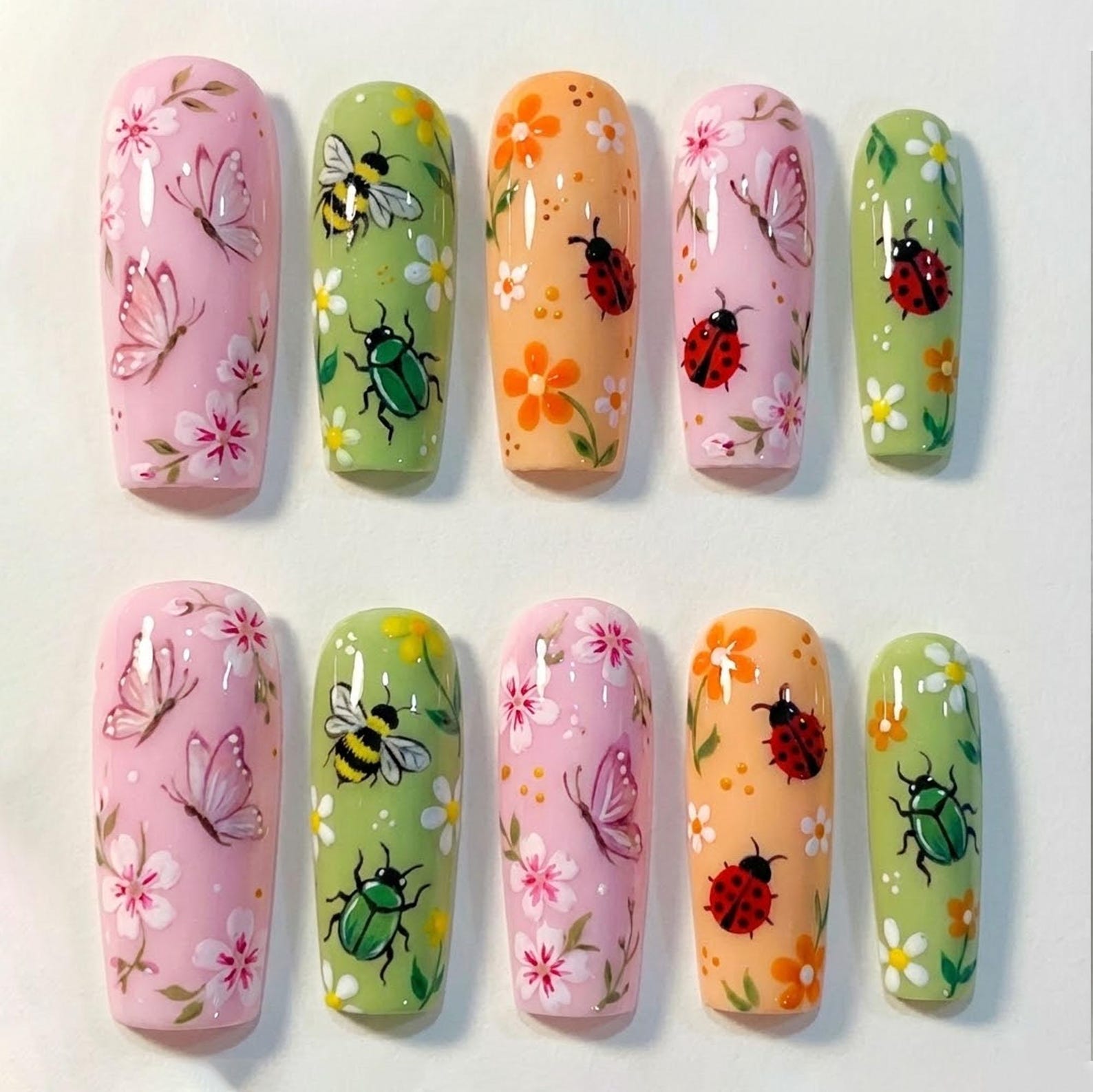 Spring Garden Pastel Floral Butterfly Bee Ladybug Press On Nails