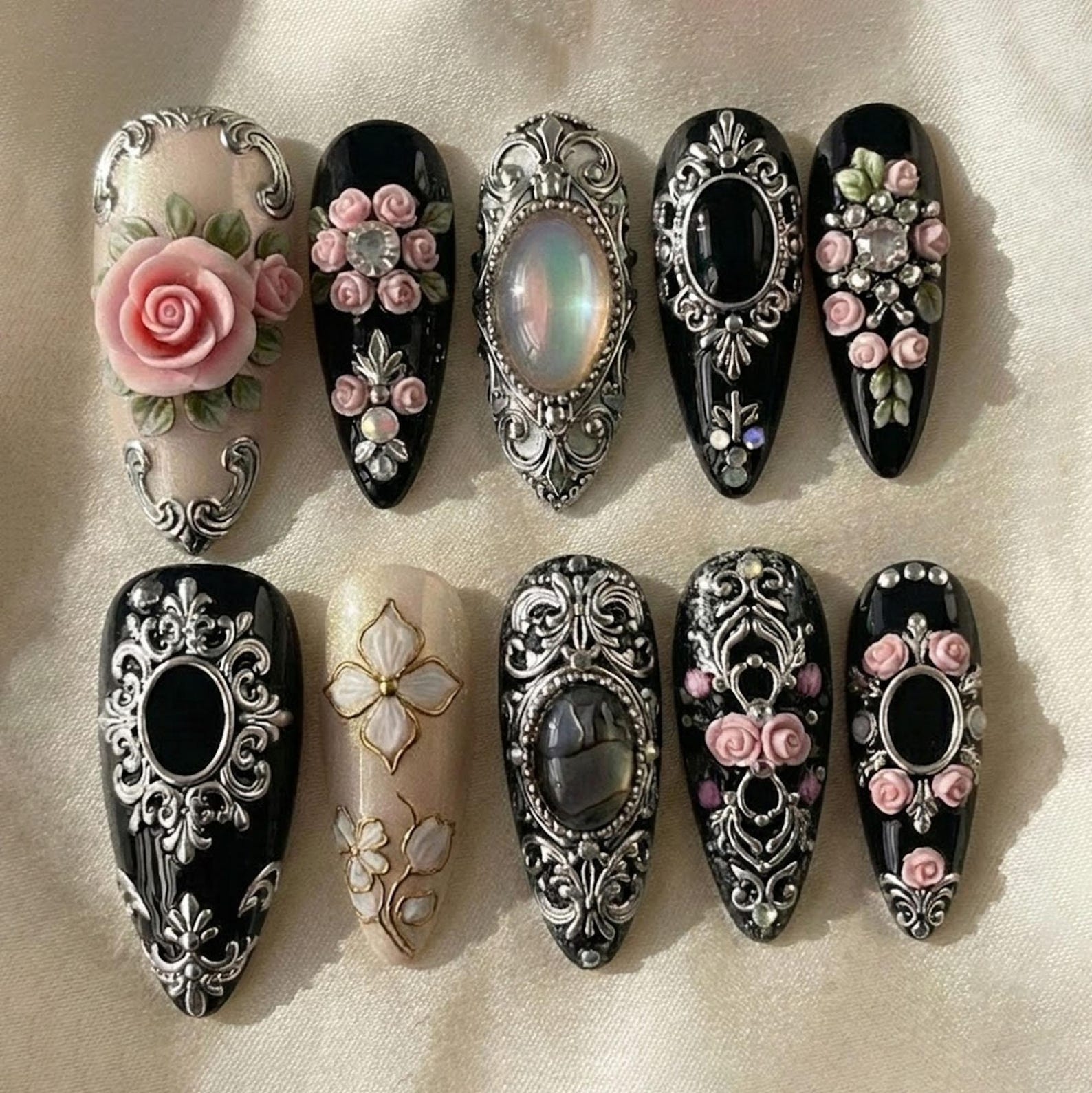 Gothic Baroque Rose Cameo Silver Luxury Almond Press On Nails