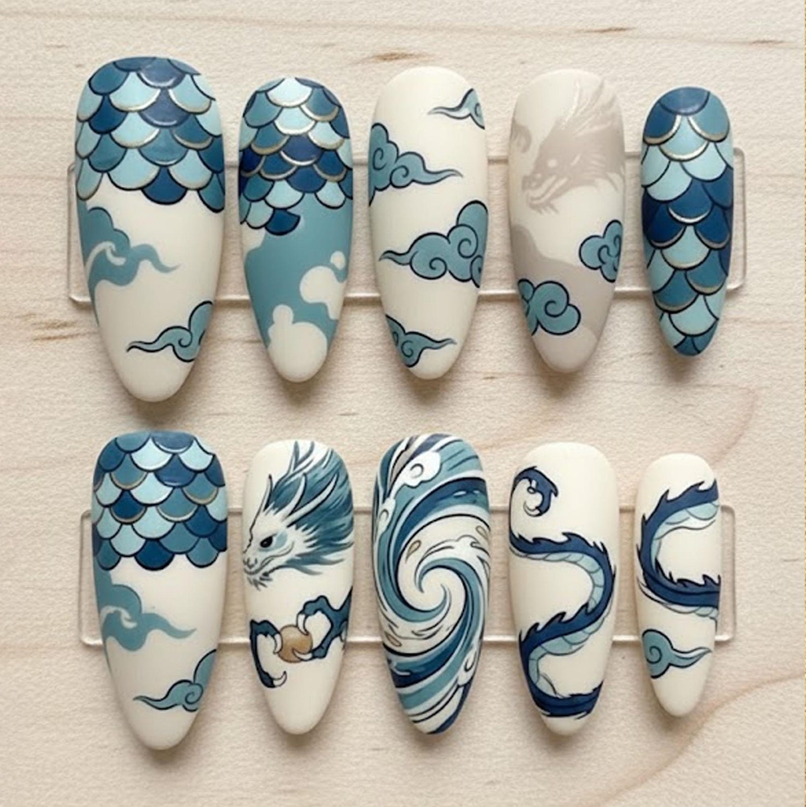 Handmade Blue White Dragon Wave Japanese Ocean Press On Nails