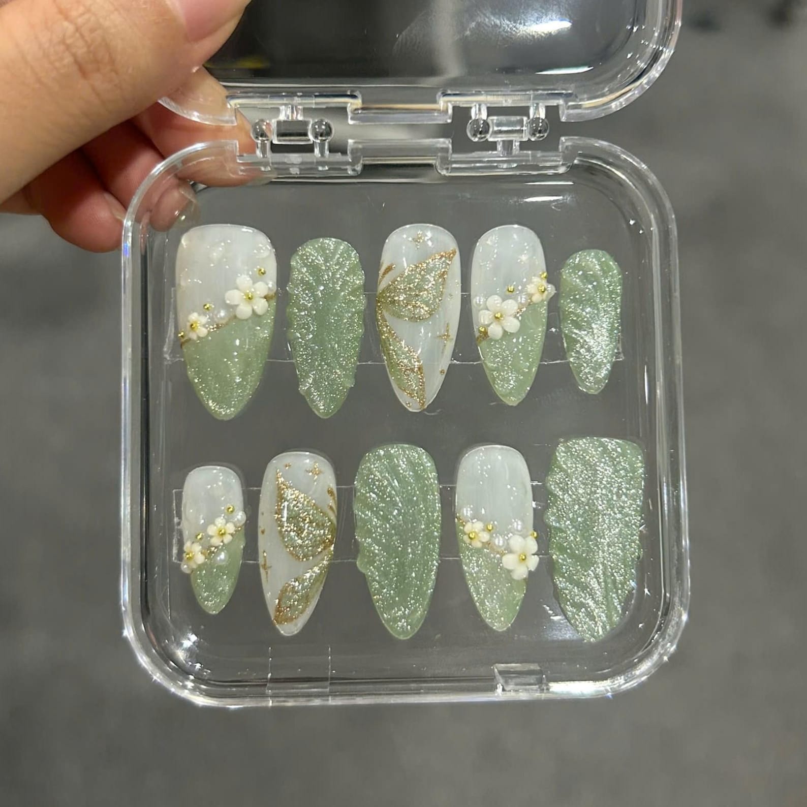 Green Cat Eye Butterfly Floral Press On Nails