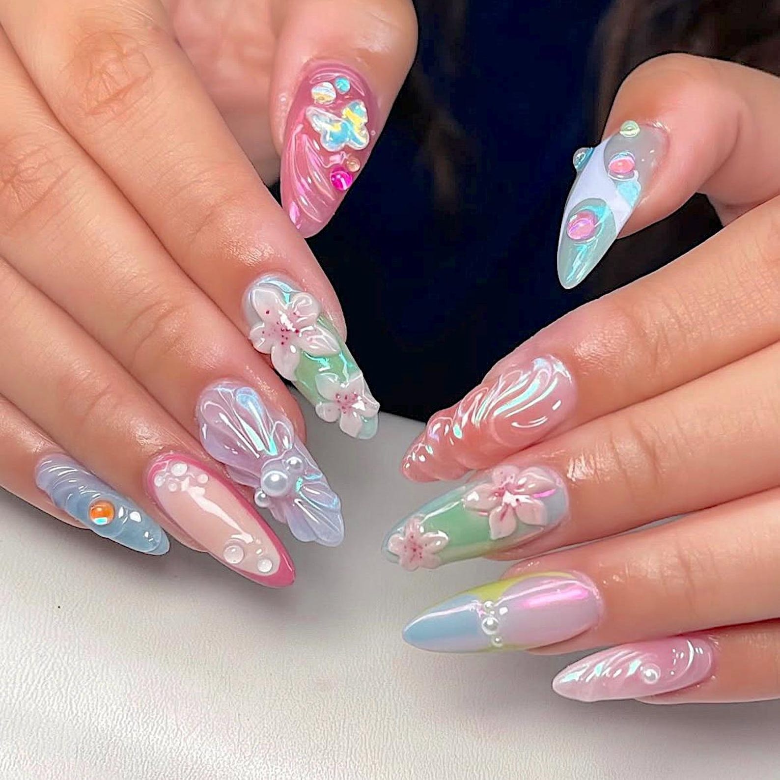Pastel Butterfly Bloom Pearl Floral Press On Nails