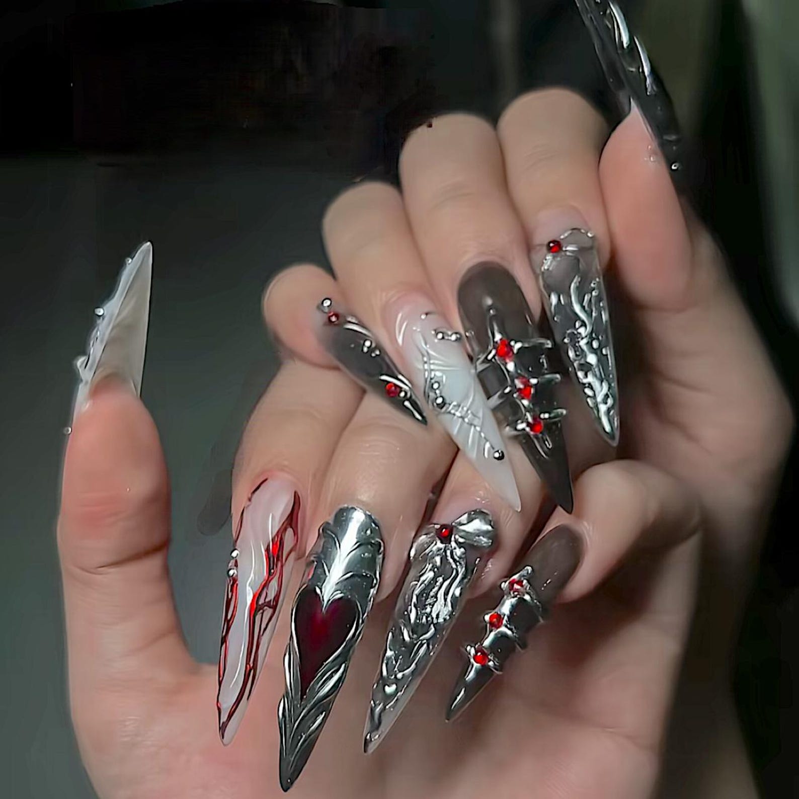 Dark Chrome Blood Drip 3D Metallic Press On Nails