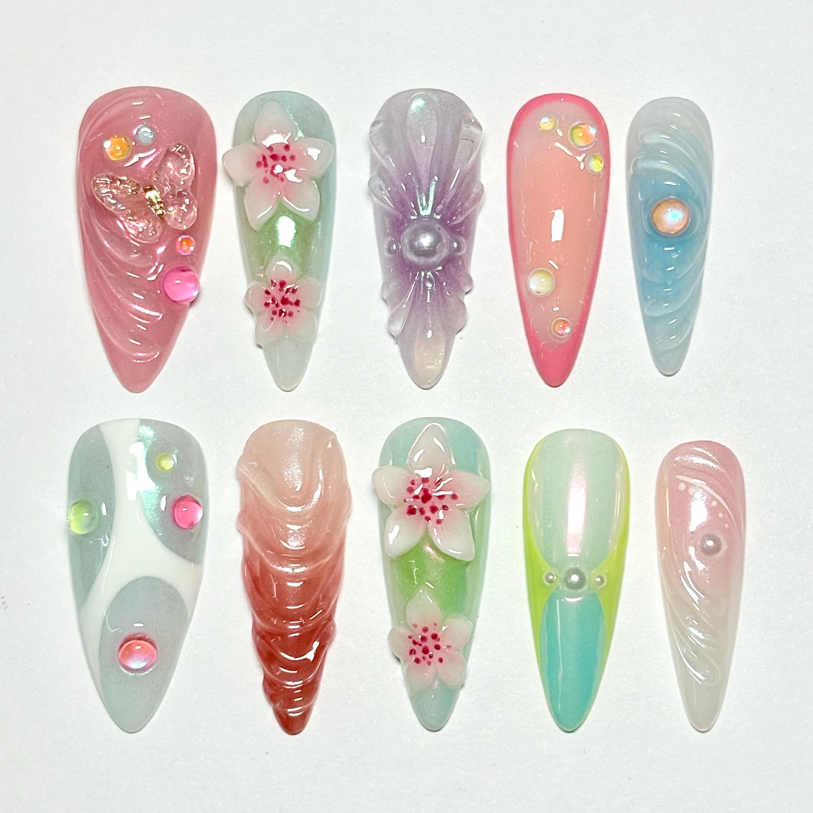 Pastel Butterfly Bloom Pearl Floral Press On Nails