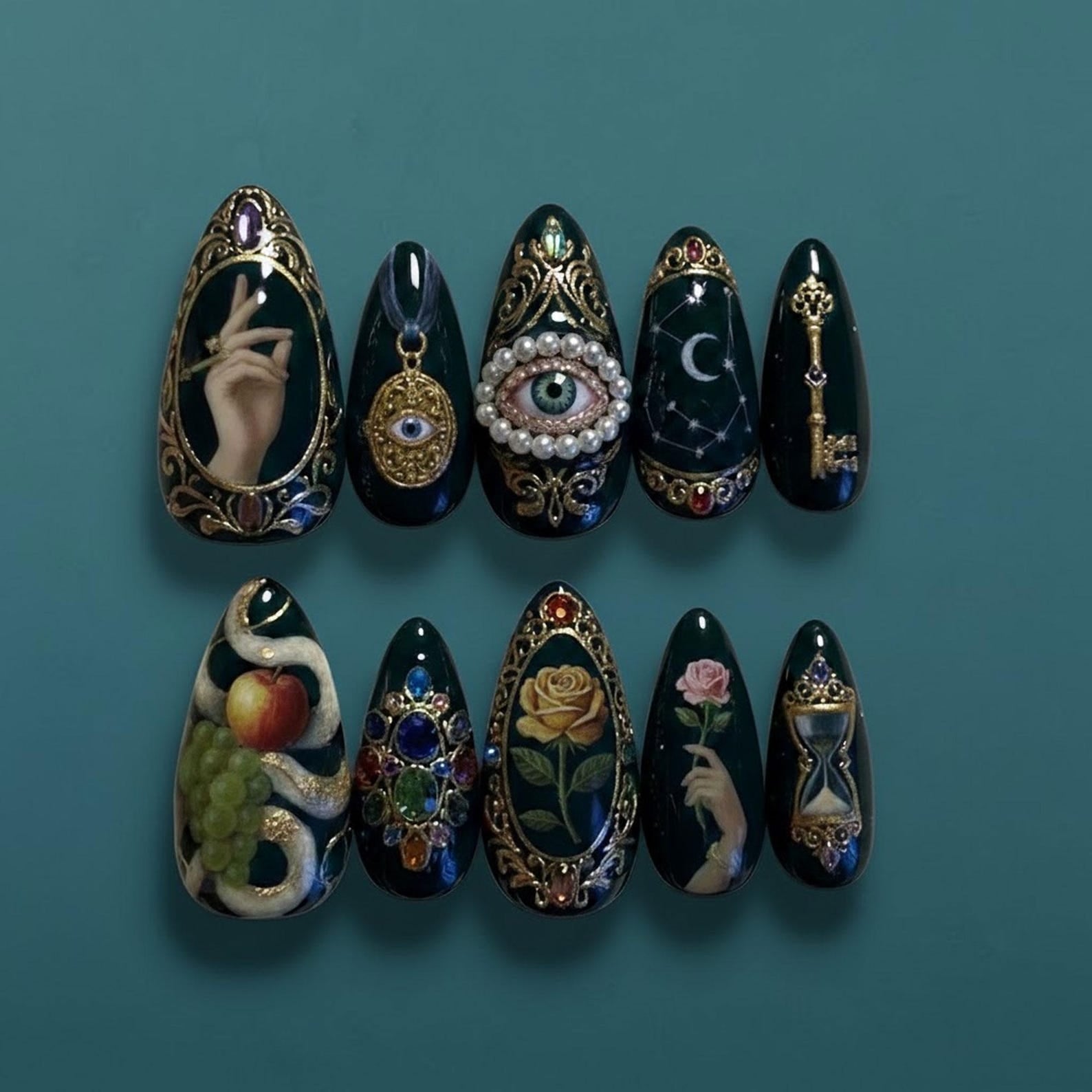 Surreal Ornate Eye Pearl Gold Press On Nails