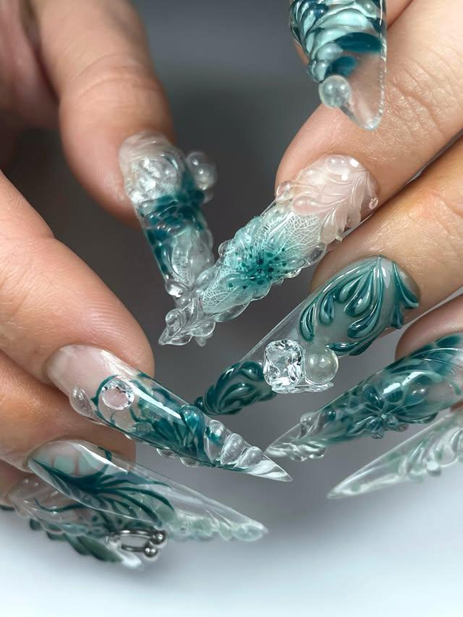 Ocean Teal Water Ripple Pearl Fantasy Stiletto Press On Nails
