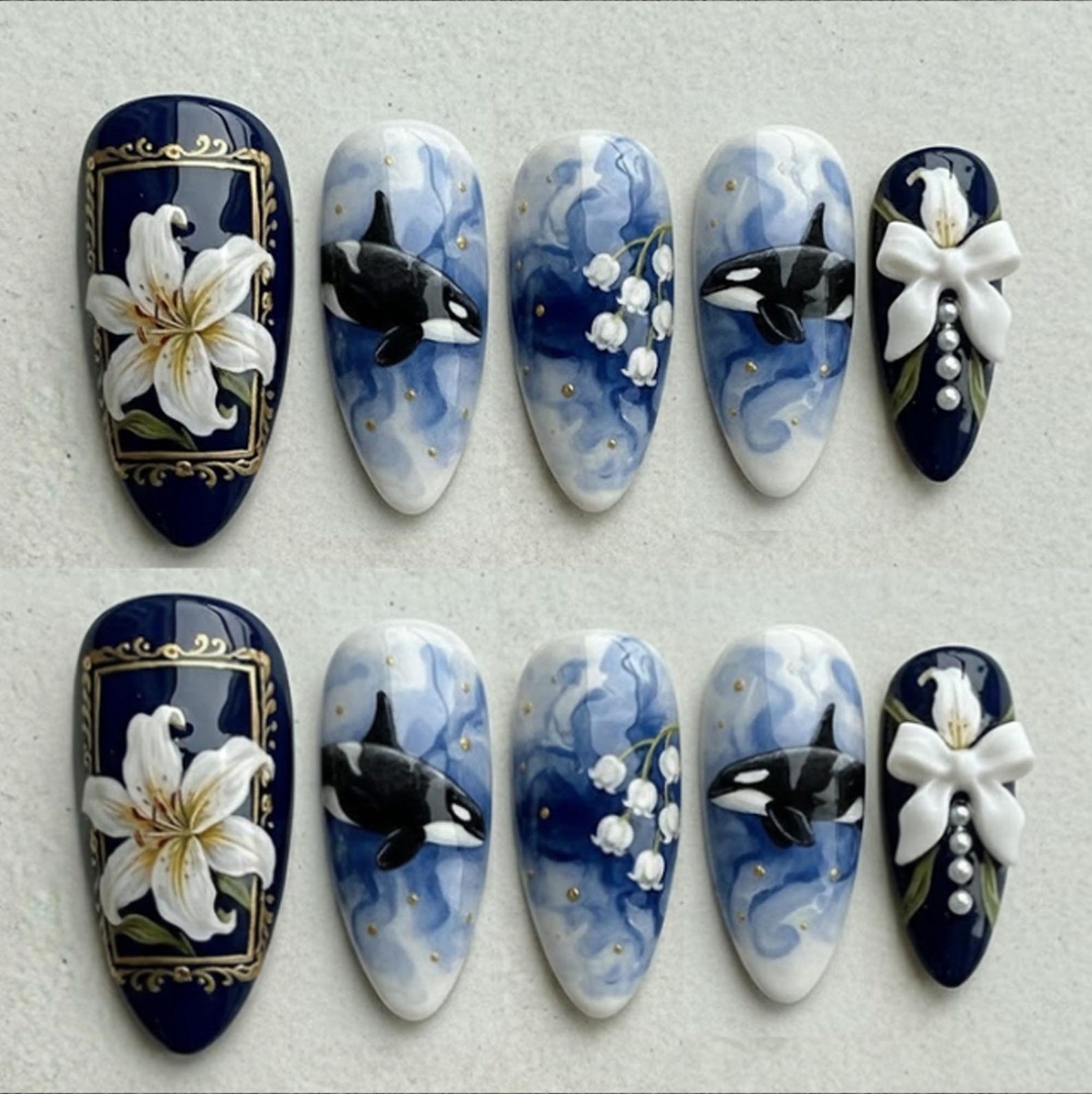 Orca Whale Blue Ocean Floral Bow Elegant Press On Nails